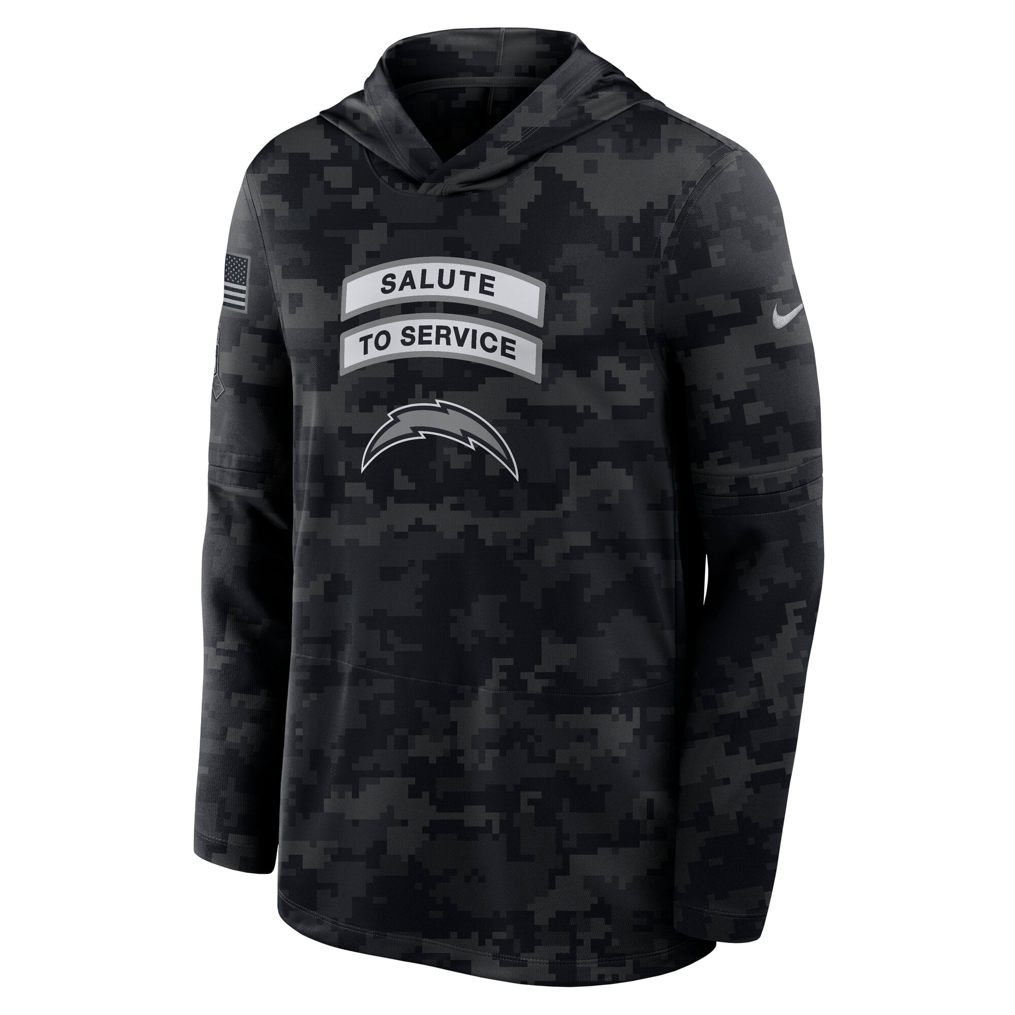 T-shirt à manches longues Nike noir pour homme, Los Angeles Chargers 2026 Salute to Service, avec capuche et technologie Dri-FIT.
