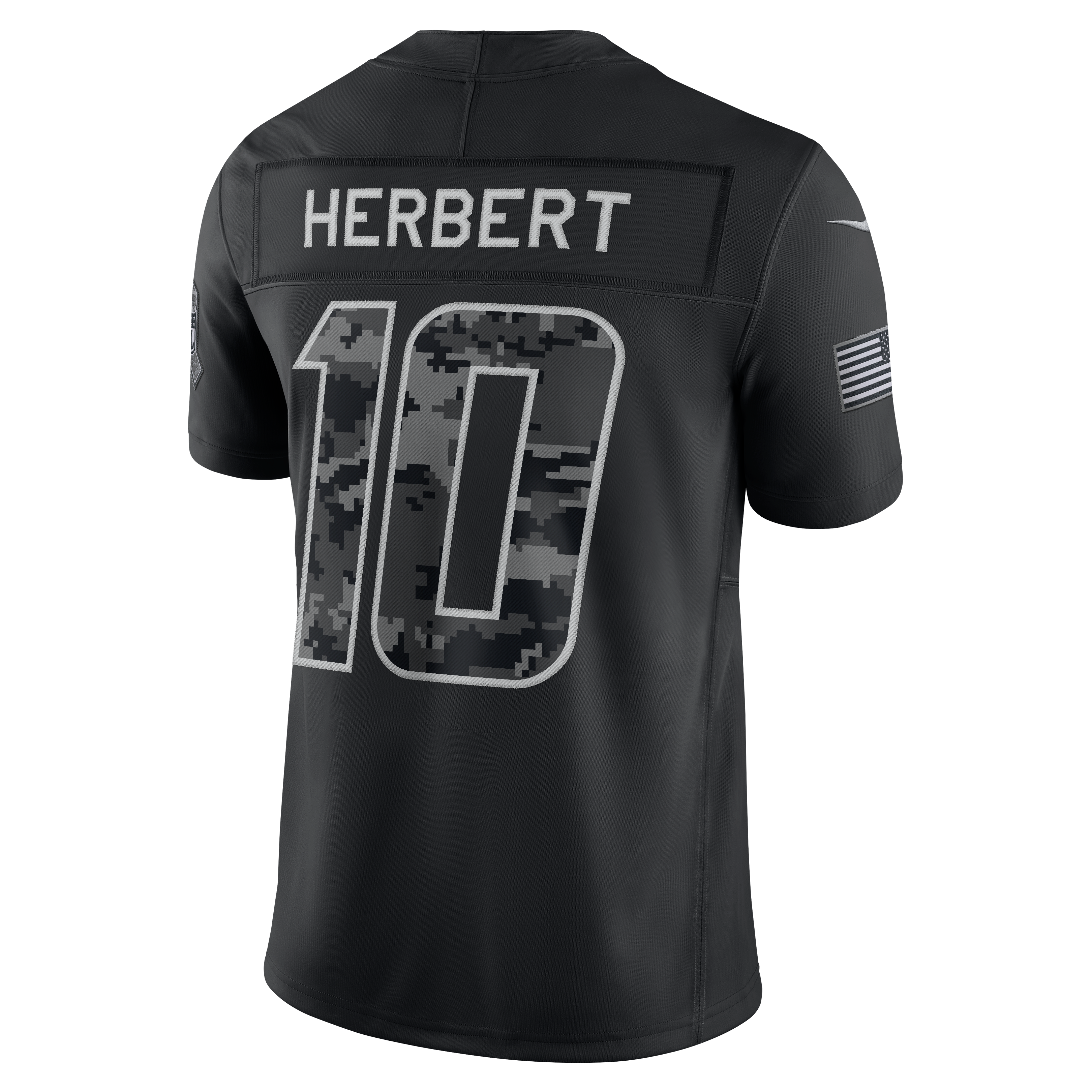 Maillot Nike Justin Herbert noir Los Angeles Chargers 2026 Salute to Service, édition limitée cousue