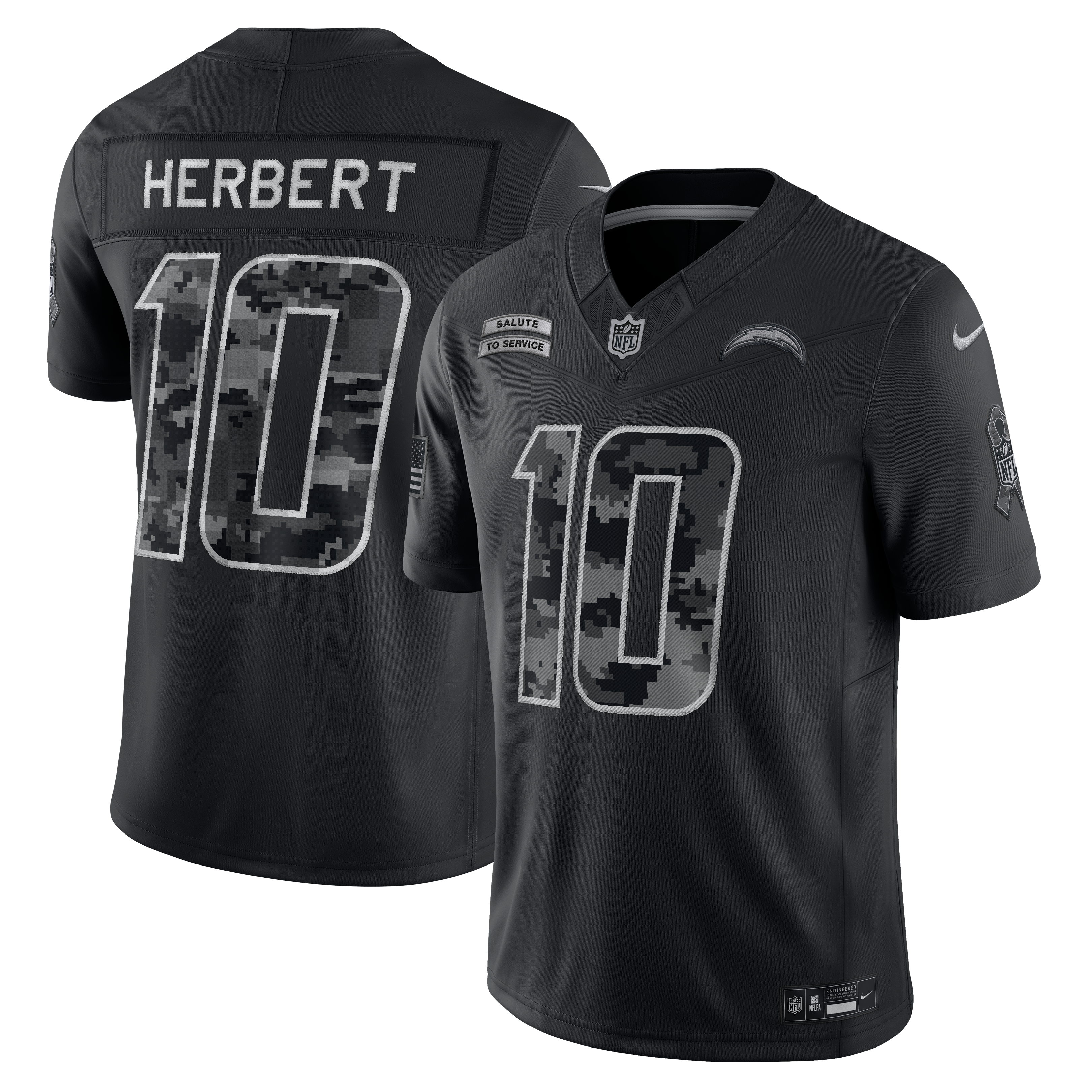 Maillot Nike Justin Herbert noir Los Angeles Chargers 2026 Salute to Service, édition limitée cousue