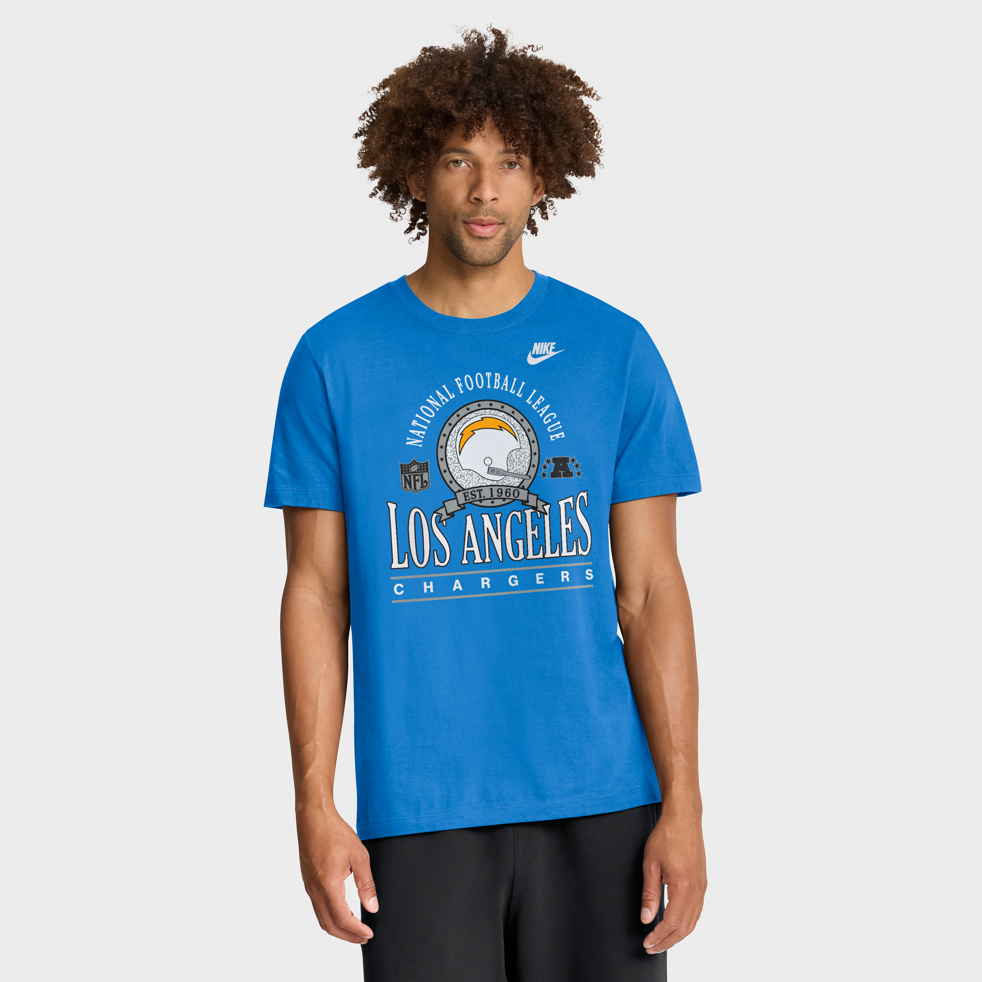 T-shirt en coton essentiel Nike bleu poudre pour homme, Los Angeles Chargers Rewind Team Spirit.