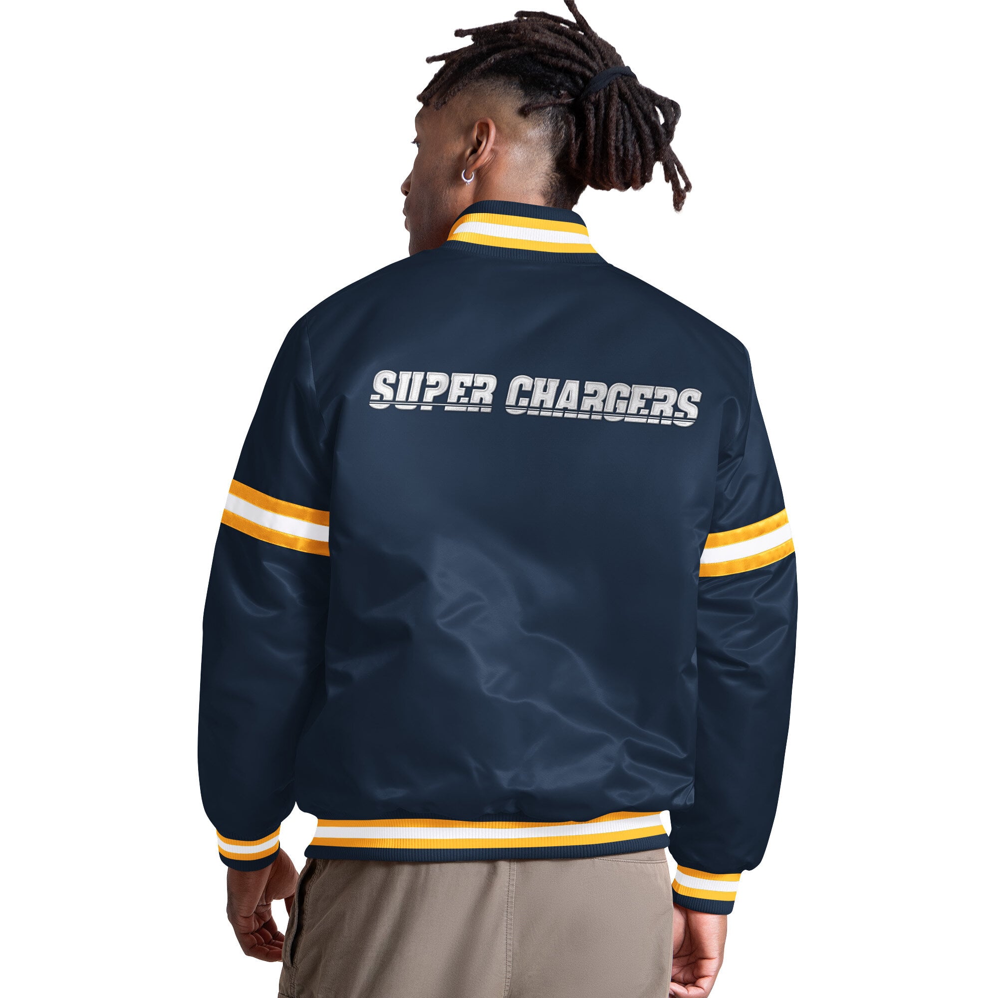 Veste universitaire Starter bleu marine pour homme, logo alternatif Los Angeles Chargers Courtside II, fermeture à boutons-pression.