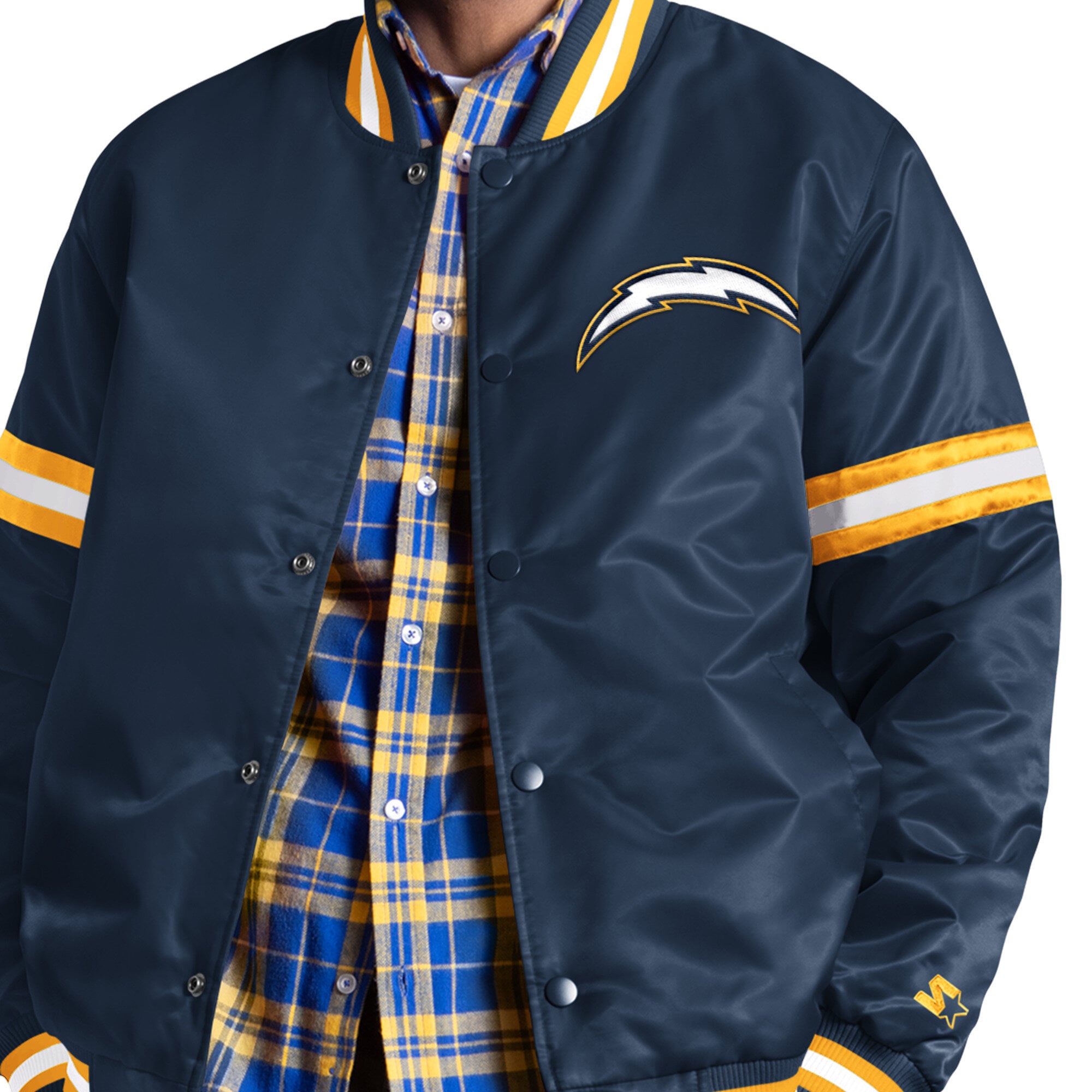 Veste universitaire Starter bleu marine pour homme, logo alternatif Los Angeles Chargers Courtside II, fermeture à boutons-pression.