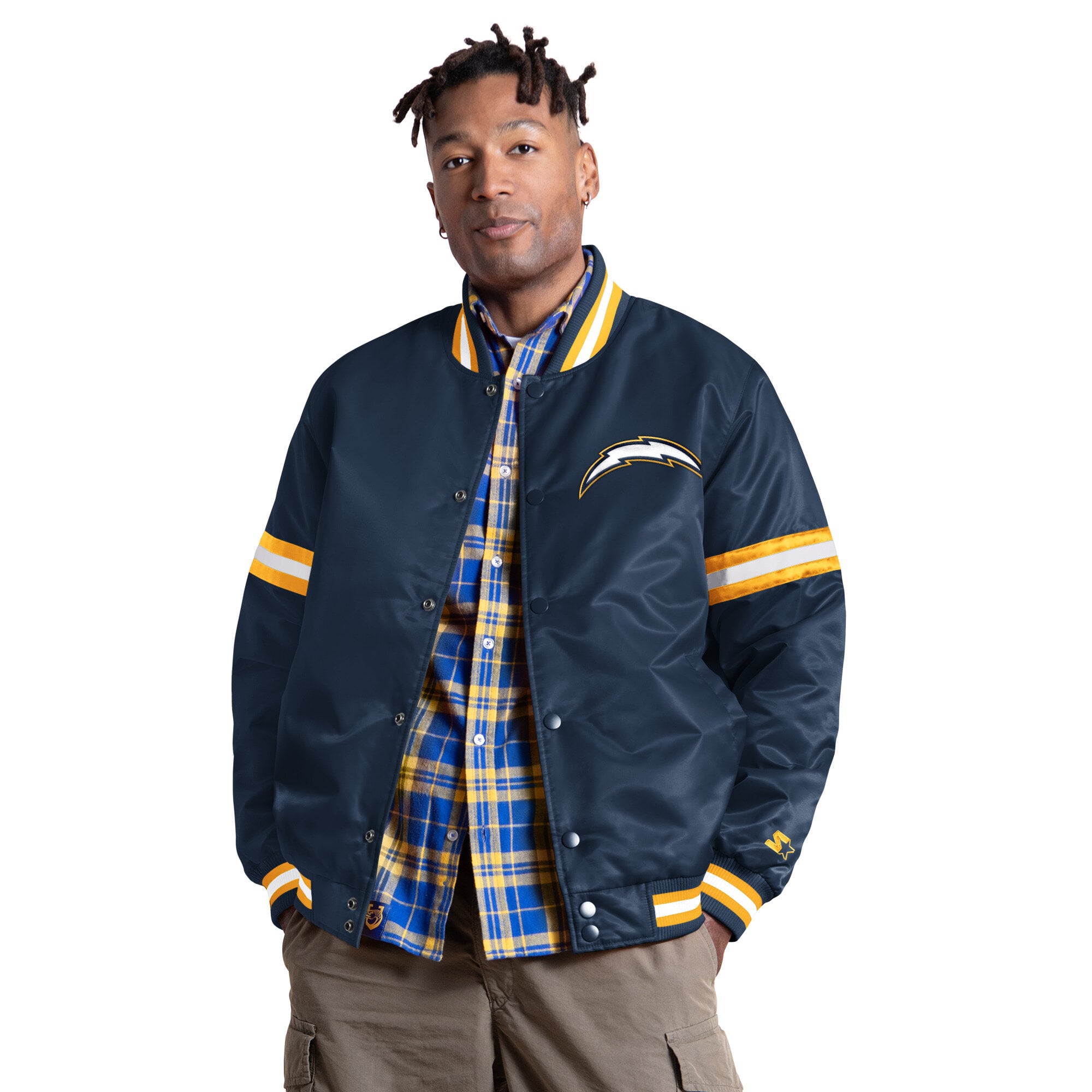 Veste universitaire Starter bleu marine pour homme, logo alternatif Los Angeles Chargers Courtside II, fermeture à boutons-pression.