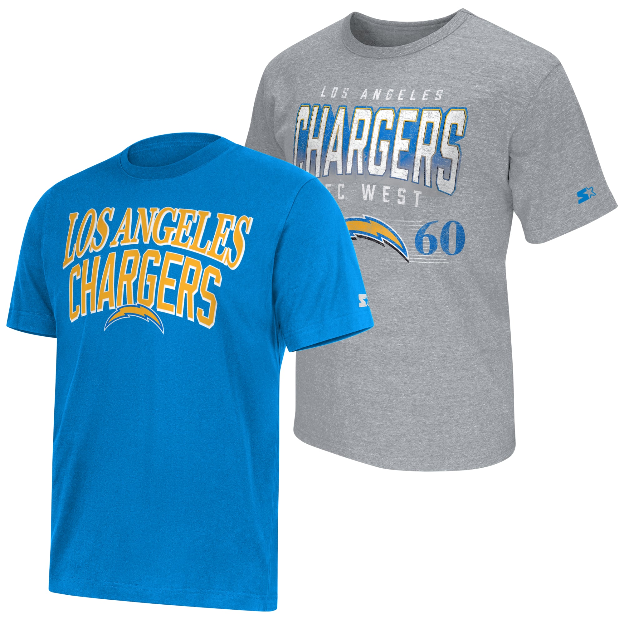 Ensemble de deux t-shirts à logo Los Angeles Chargers Starter pour homme, bleu poudre/gris chiné