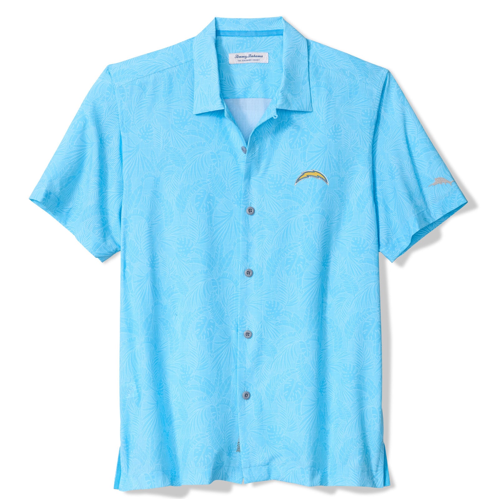 Chemise à manches courtes boutonnée Tommy Bahama pour homme, bleu poudré, Los Angeles Chargers, motif Saltwater Fronds
