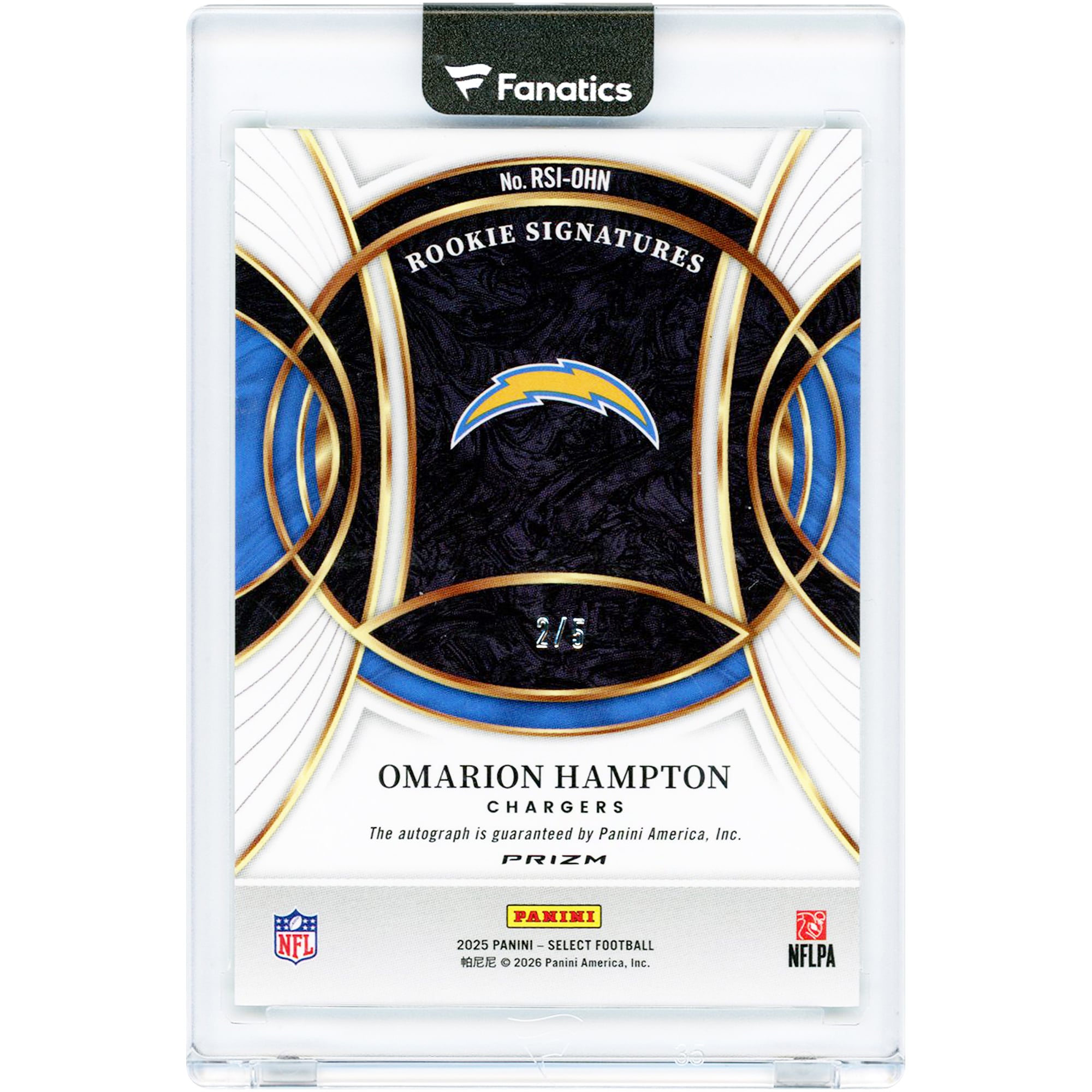 Omarion Hampton Los Angeles Chargers Autographed 2025 Panini Select Green Prizm #RSI-OHN #2/5 Rookie Card