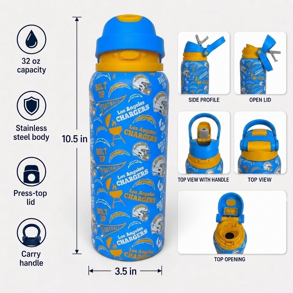 Pegasus Los Angeles Chargers 32oz. Game Day Pennant Stainless Steel ProPress Water Bottle