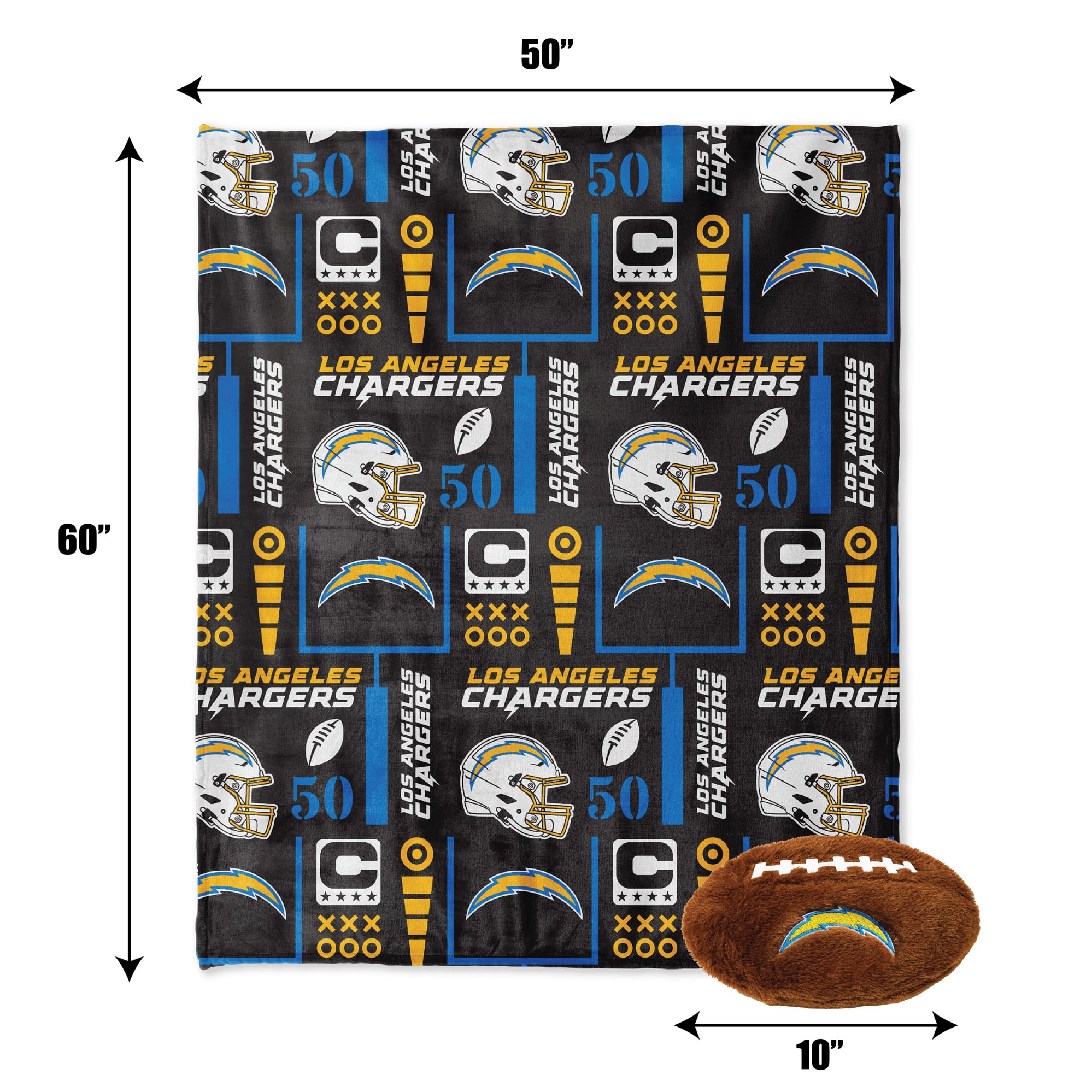 Pegasus Los Angeles Chargers 50" x 60" Blackout Team Spirit Ultra Soft Throw & Plush Football Combo Pack