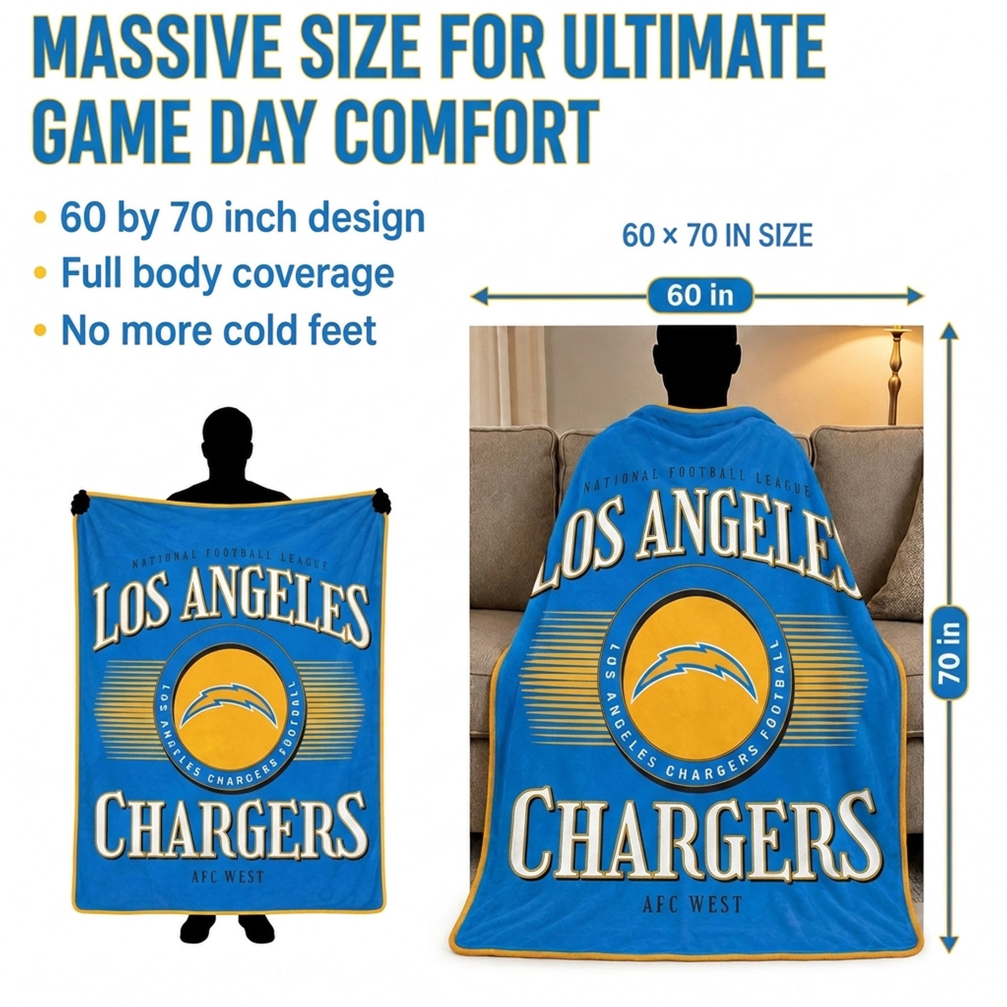 Couverture ultra douce Pegasus Los Angeles Chargers Spotlight Arch 60" x 70"