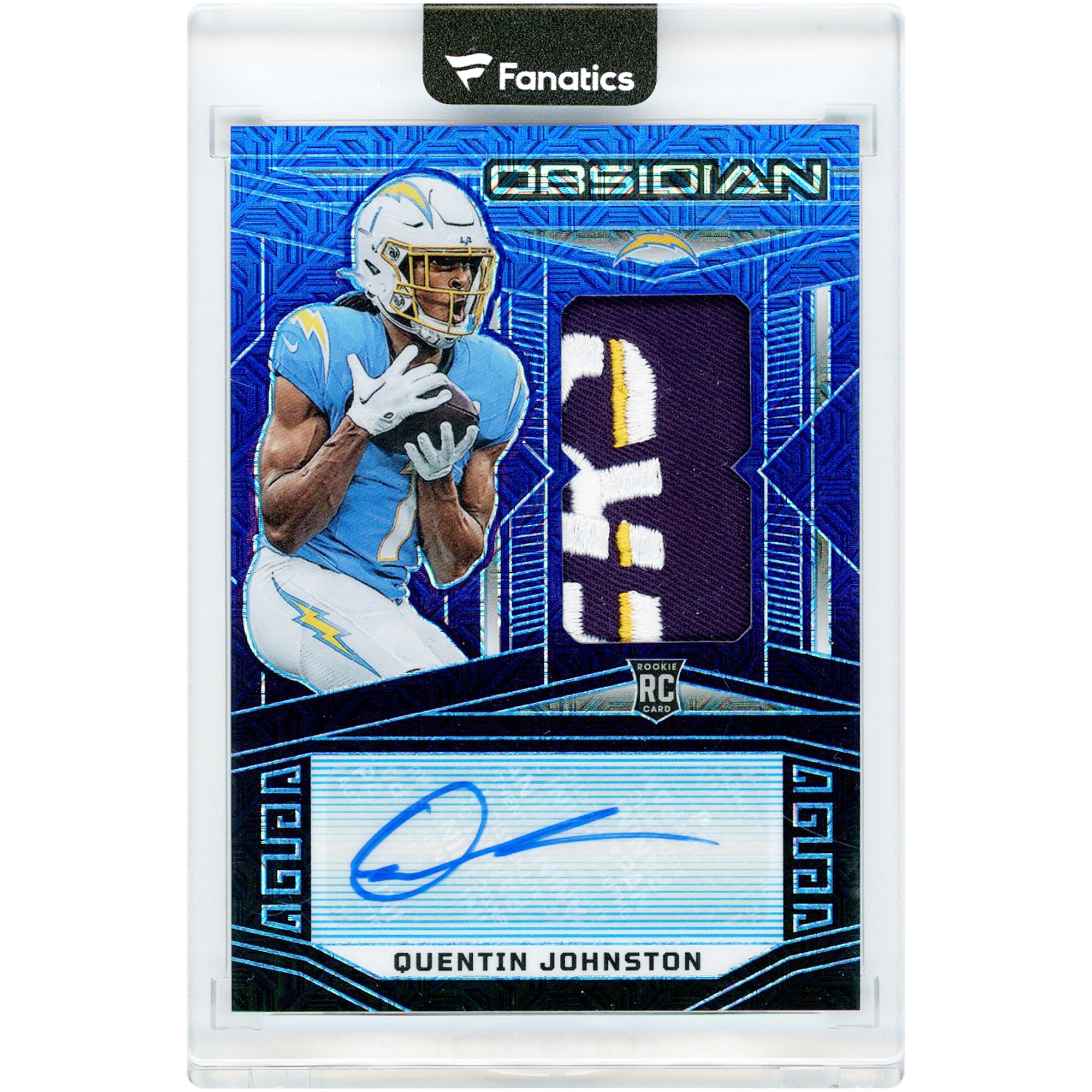 Quentin Johnston Los Angeles Chargers Autographed 2023 Panini Obsidian Deep Sea Flood Mojo Electric Etch Rookie Jersey Tri-Color Relic #217 #1/5 Rookie Card