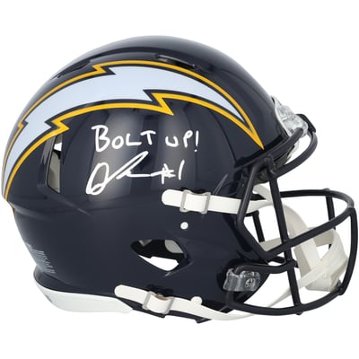 Quentin Johnston Los Angeles Chargers Autographed Fanatics Authentic Riddell 2025 Alternate Speed Authentic Helmet with "Bolt Up!" Inscription 