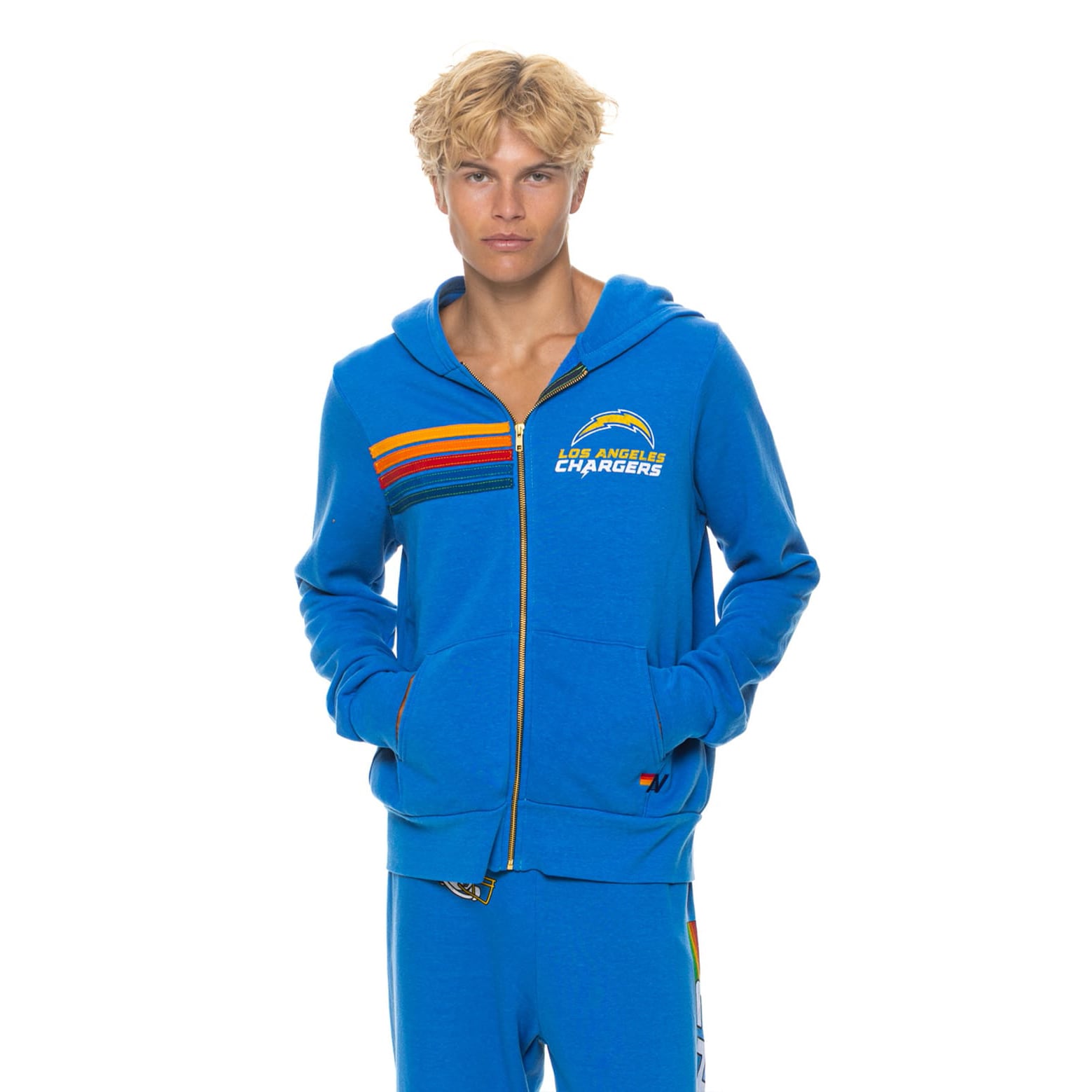 Sweat à capuche unisexe Aviator Nation bleu poudré Los Angeles Chargers en mélange de trois matières, fermeture éclair intégrale