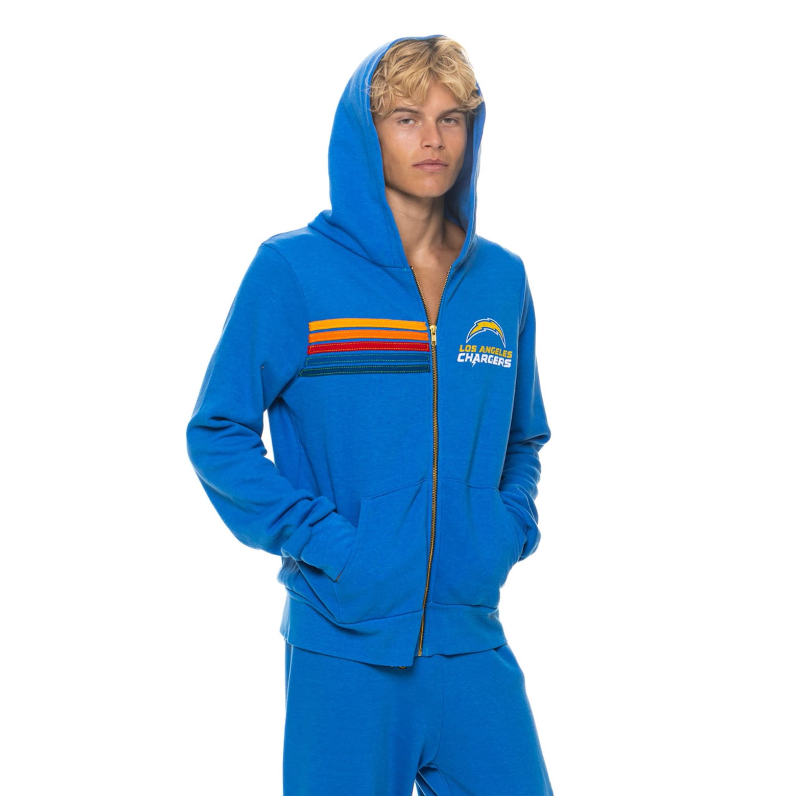 Sweat à capuche unisexe Aviator Nation bleu poudré Los Angeles Chargers en mélange de trois matières, fermeture éclair intégrale