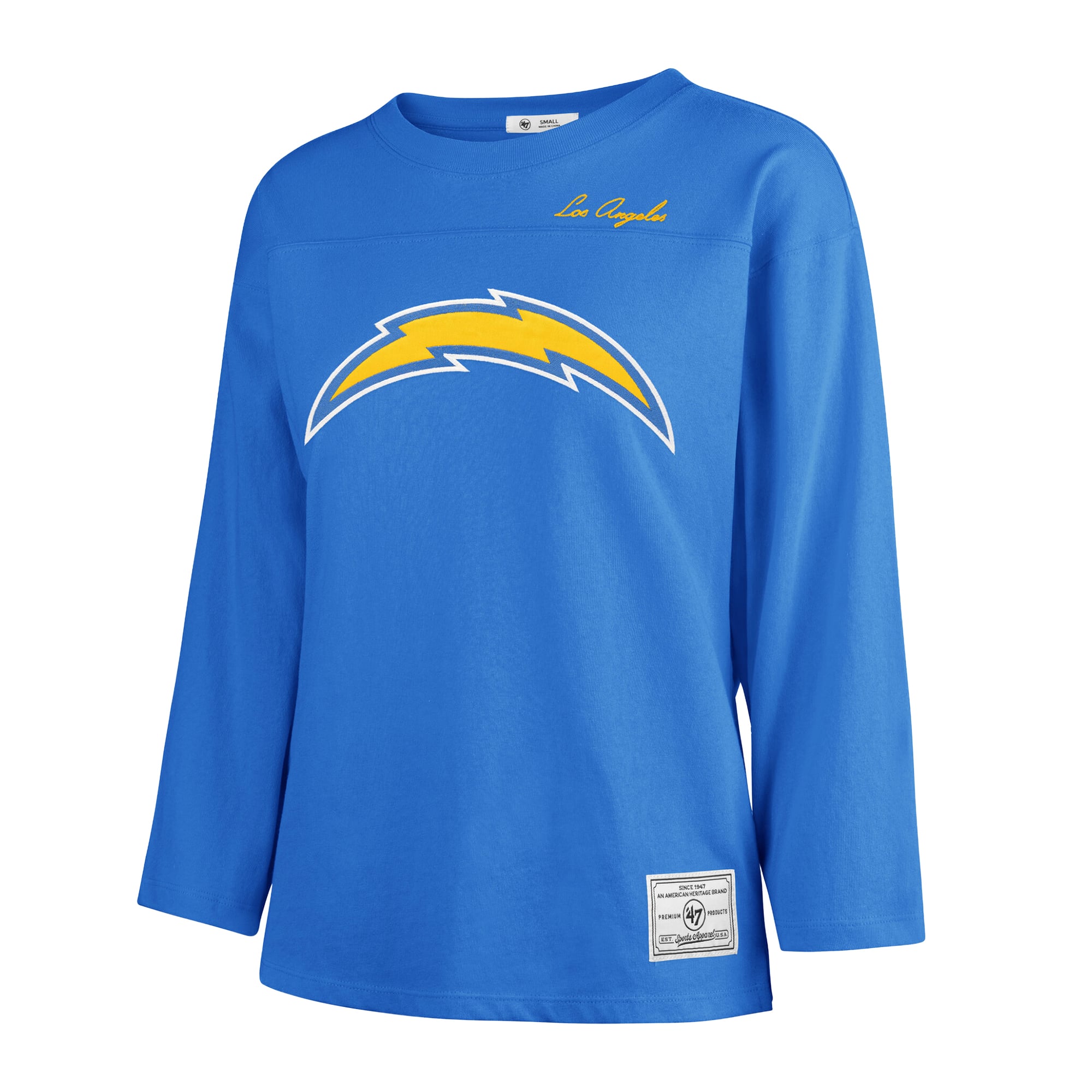 T-shirt à manches longues intemporel « Los Angeles Chargers » bleu poudré pour femme, modèle 47, clin d'œil au match