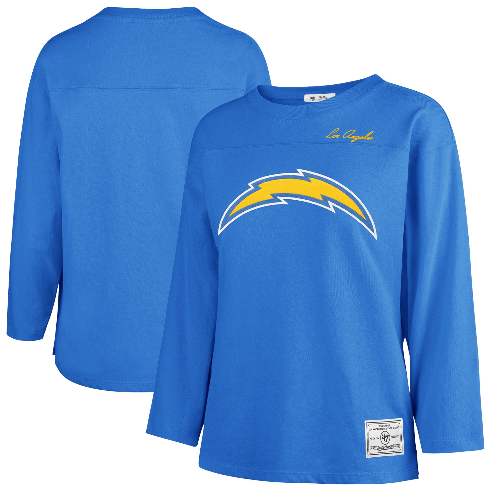 T-shirt à manches longues intemporel « Los Angeles Chargers » bleu poudré pour femme, modèle 47, clin d'œil au match