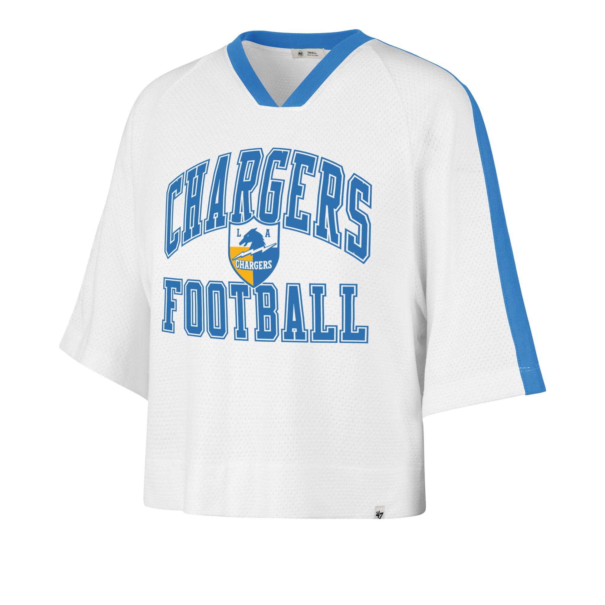 Women's '47 White Los Angeles Chargers Big Overarch Drop Needle Raglan V-Neck T-Shirt