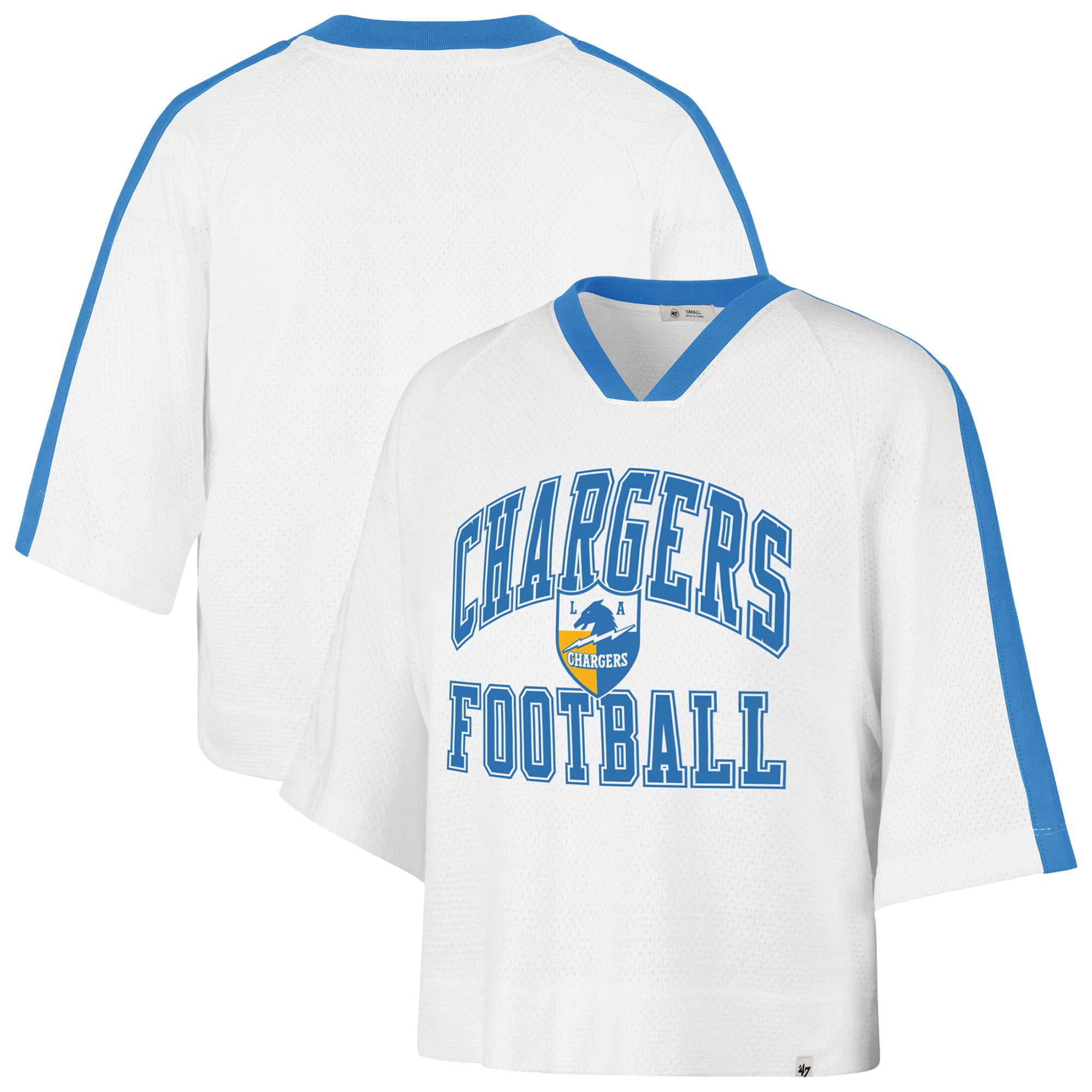 Women's '47 White Los Angeles Chargers Big Overarch Drop Needle Raglan V-Neck T-Shirt