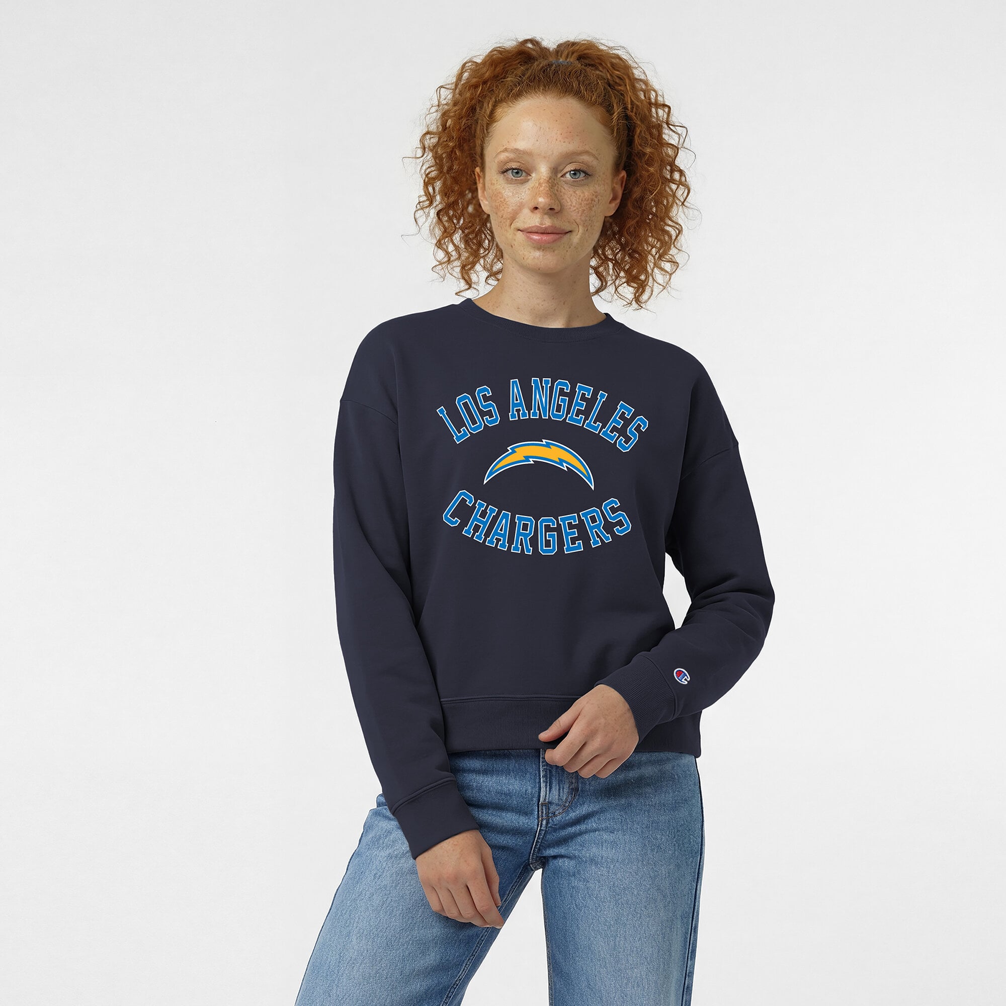 Women's Champion  Navy Los Angeles Chargers Heart & Soul Powerblend Sweatshirt