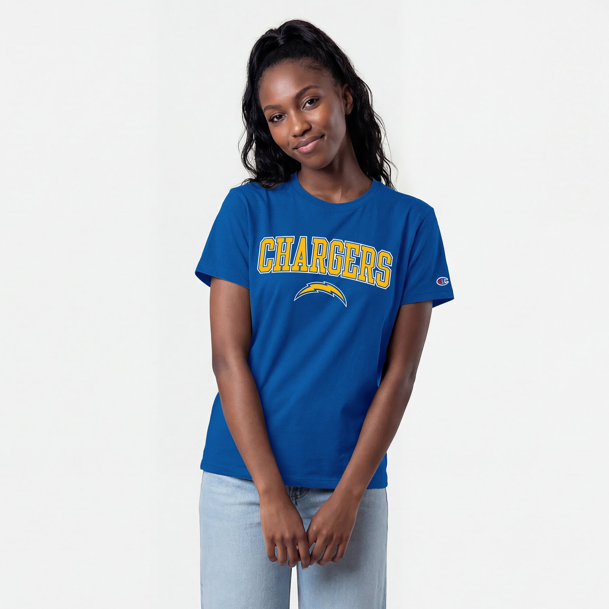 T-shirt Champion Royal Los Angeles Chargers pour femmes avec logo arqué
