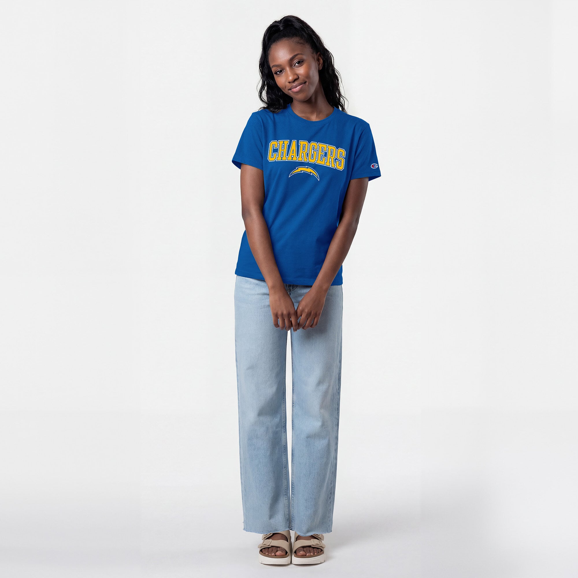 T-shirt Champion Royal Los Angeles Chargers pour femmes avec logo arqué