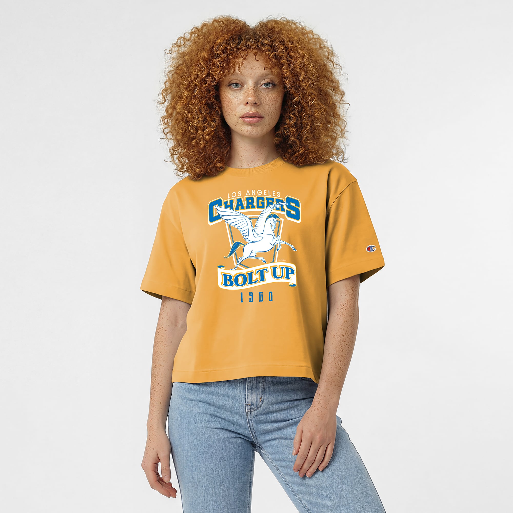 Women's Disney x Champion Gold Los Angeles Chargers Pegasus All-Star T-Shirt