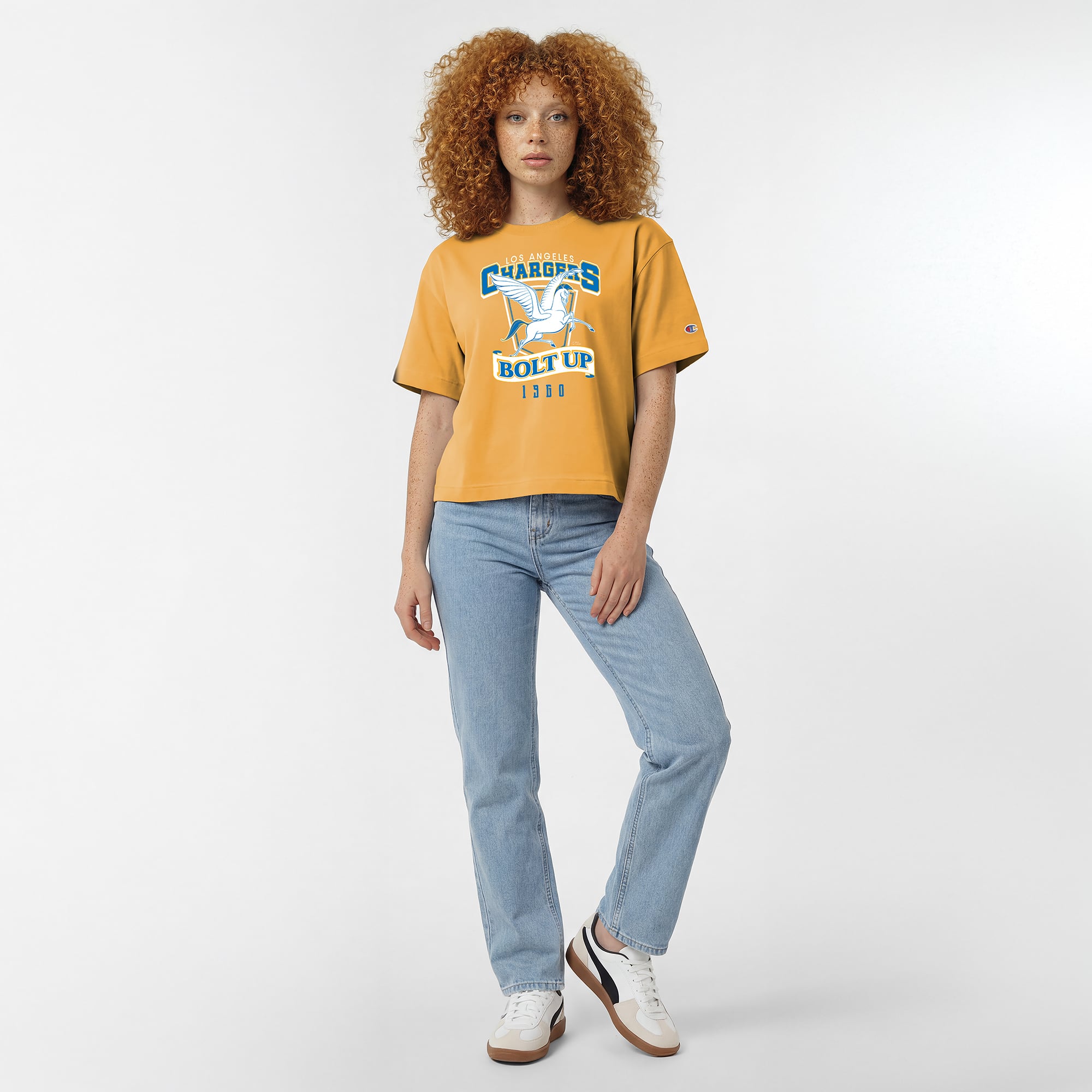 Women's Disney x Champion Gold Los Angeles Chargers Pegasus All-Star T-Shirt