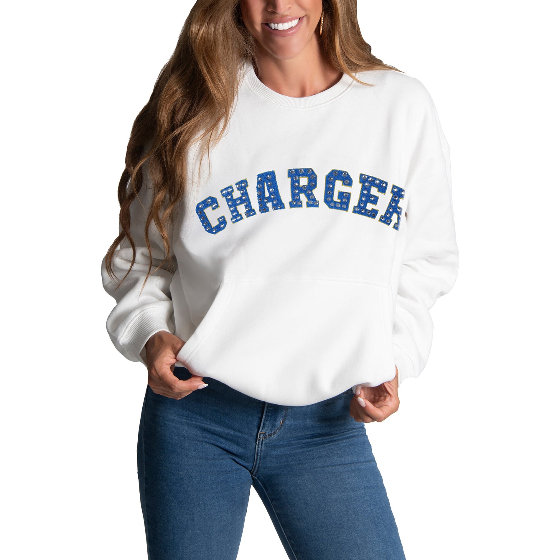 Sweat-shirt à bijoux en chenille FABGATING pour femme par Cuce White Los Angeles Chargers