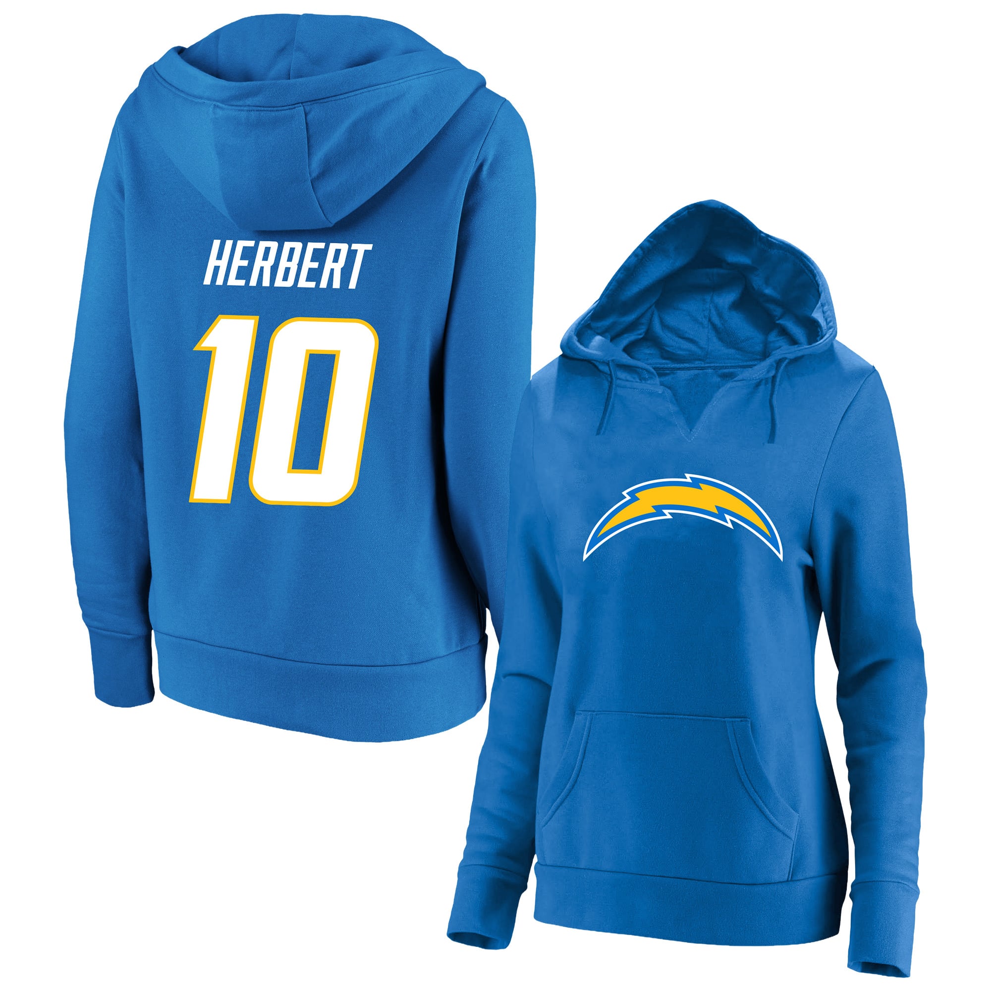 Sweat à capuche Fanatics pour femmes, bleu poudré, avec nom et numéro du joueur Justin Herbert, Los Angeles Chargers, grande taille, col cranté.