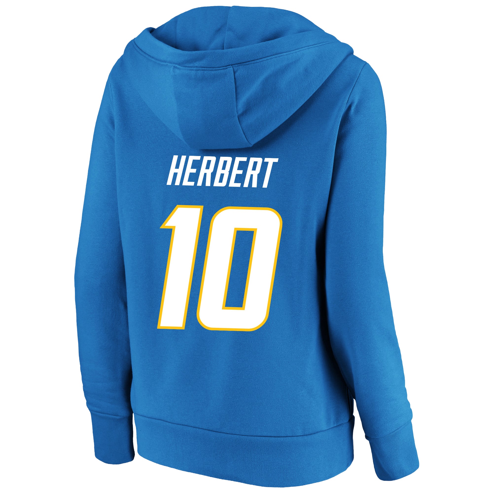 Sweat à capuche Fanatics pour femmes, bleu poudré, avec nom et numéro du joueur Justin Herbert, Los Angeles Chargers, grande taille, col cranté.