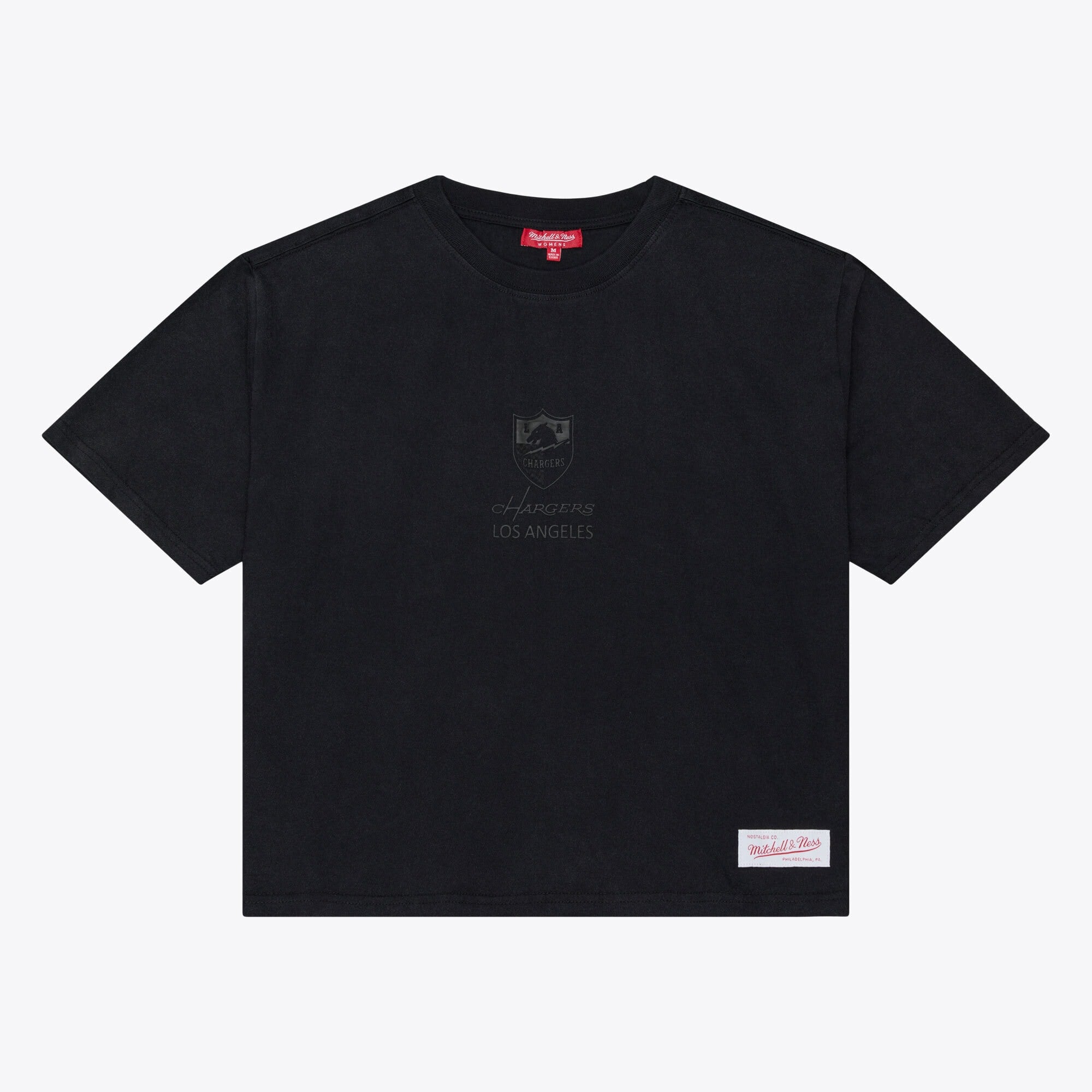 T-shirt court à logo micro noir Mitchell & Ness Core Essentials pour femme, Los Angeles Chargers.