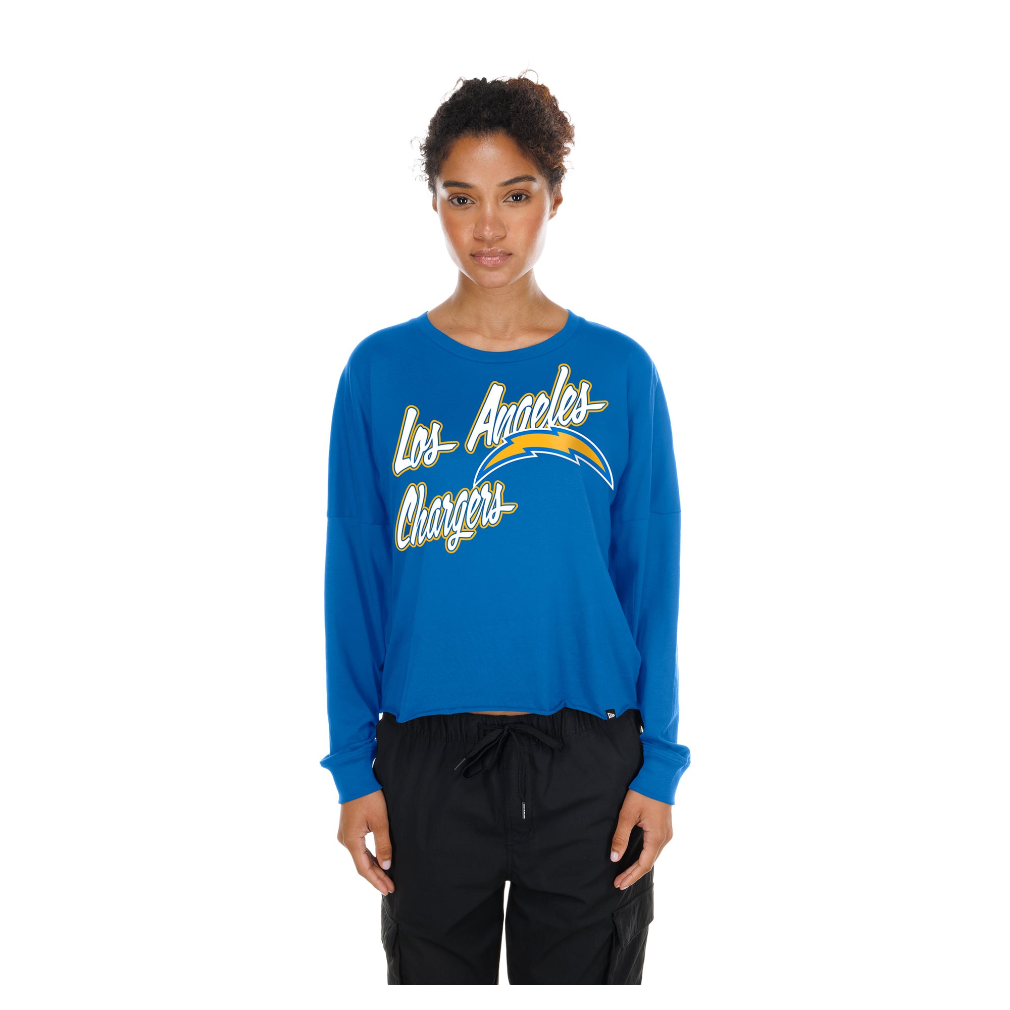 T-shirt court oversize à manches longues New Era bleu poudré pour femme, Los Angeles Chargers