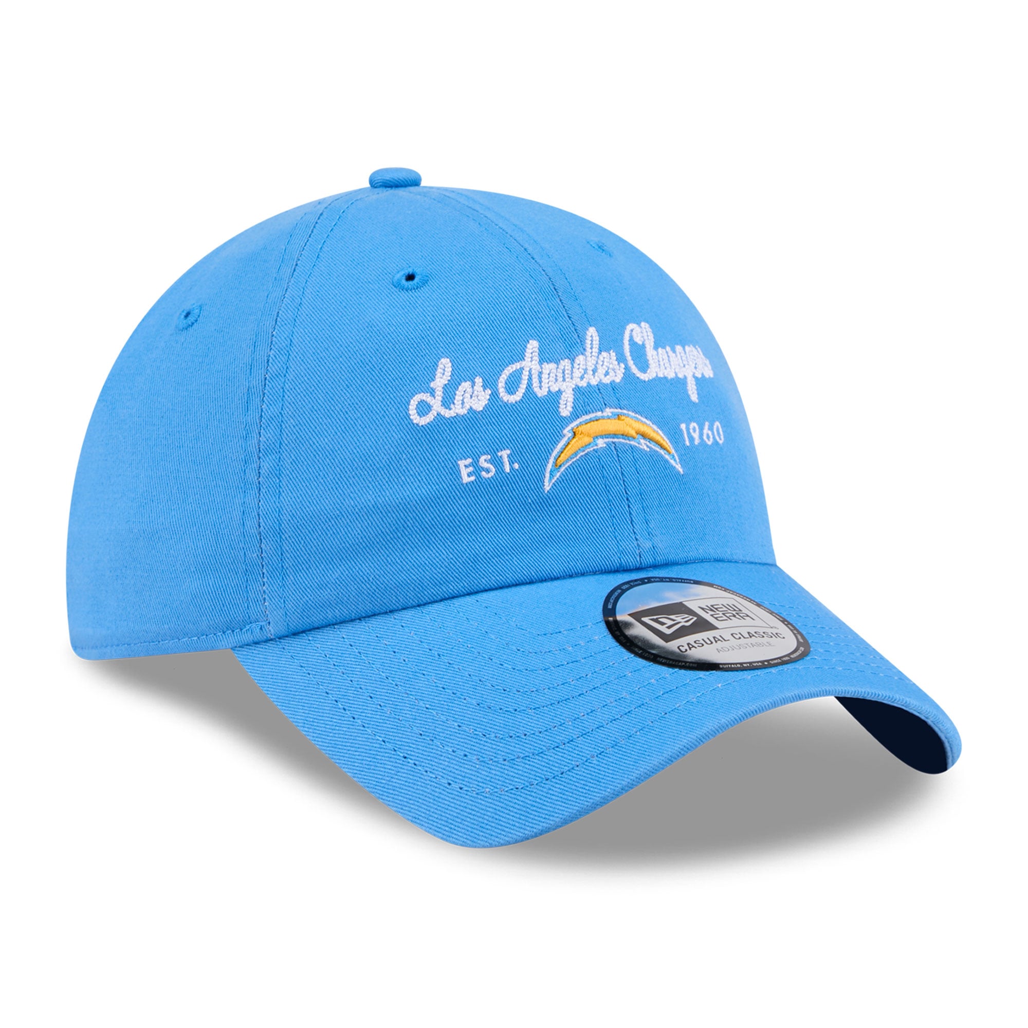 Casquette New Era pour femme, bleu poudré, Los Angeles Chargers, style classique décontracté et ajustable.