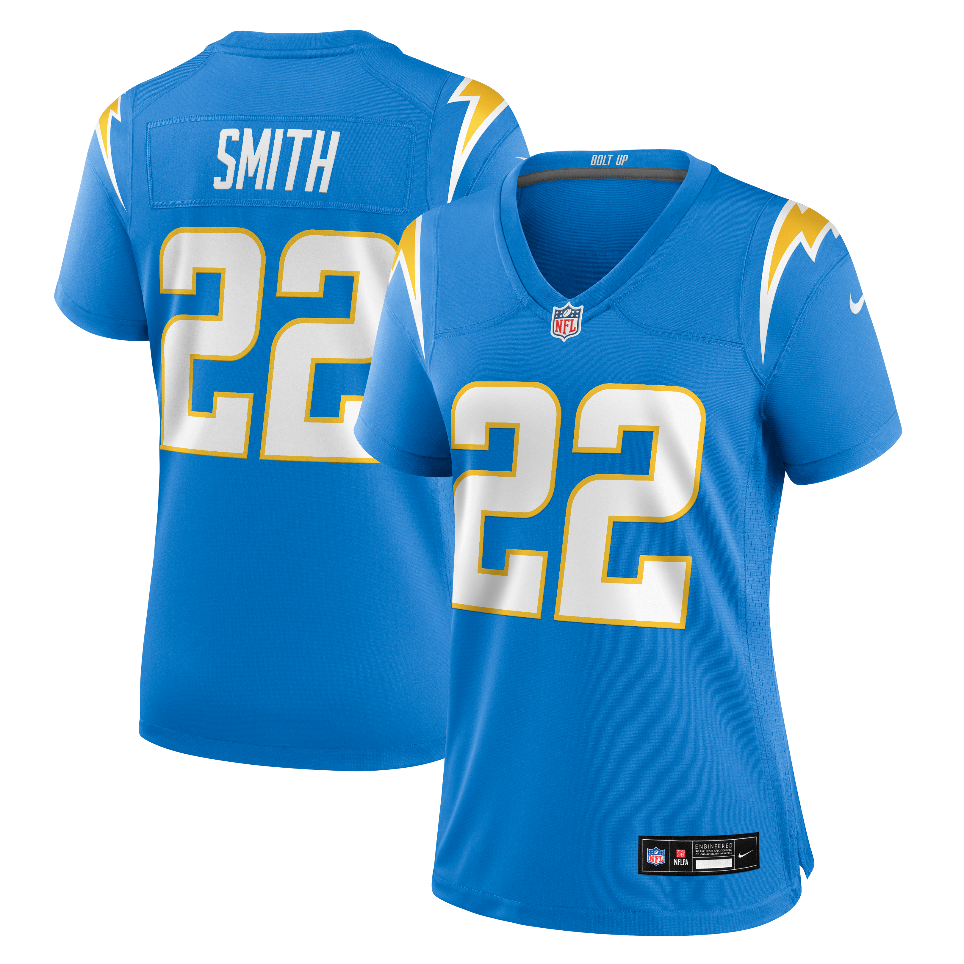 Maillot de match Nike Genesis Smith bleu poudré pour femme, Los Angeles Chargers