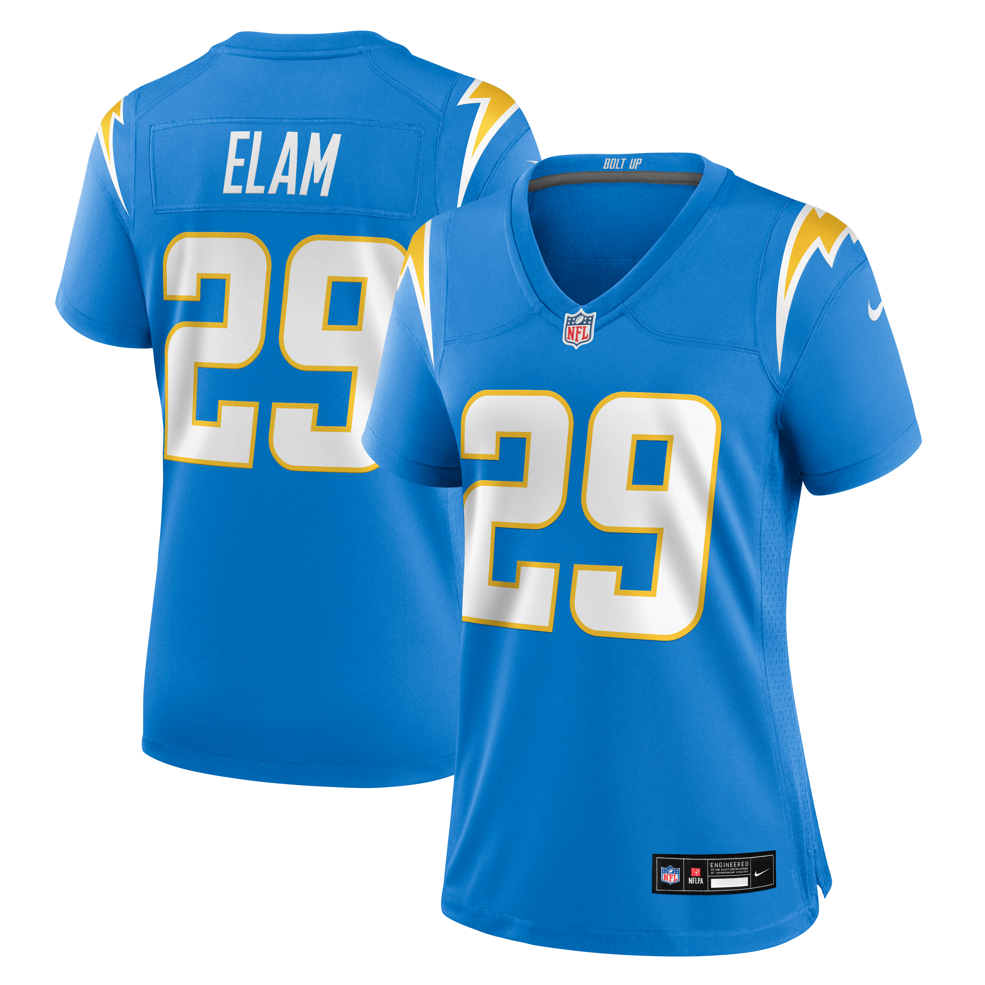 Maillot de match Nike Kaiir Elam bleu poudre pour femme, Los Angeles Chargers
