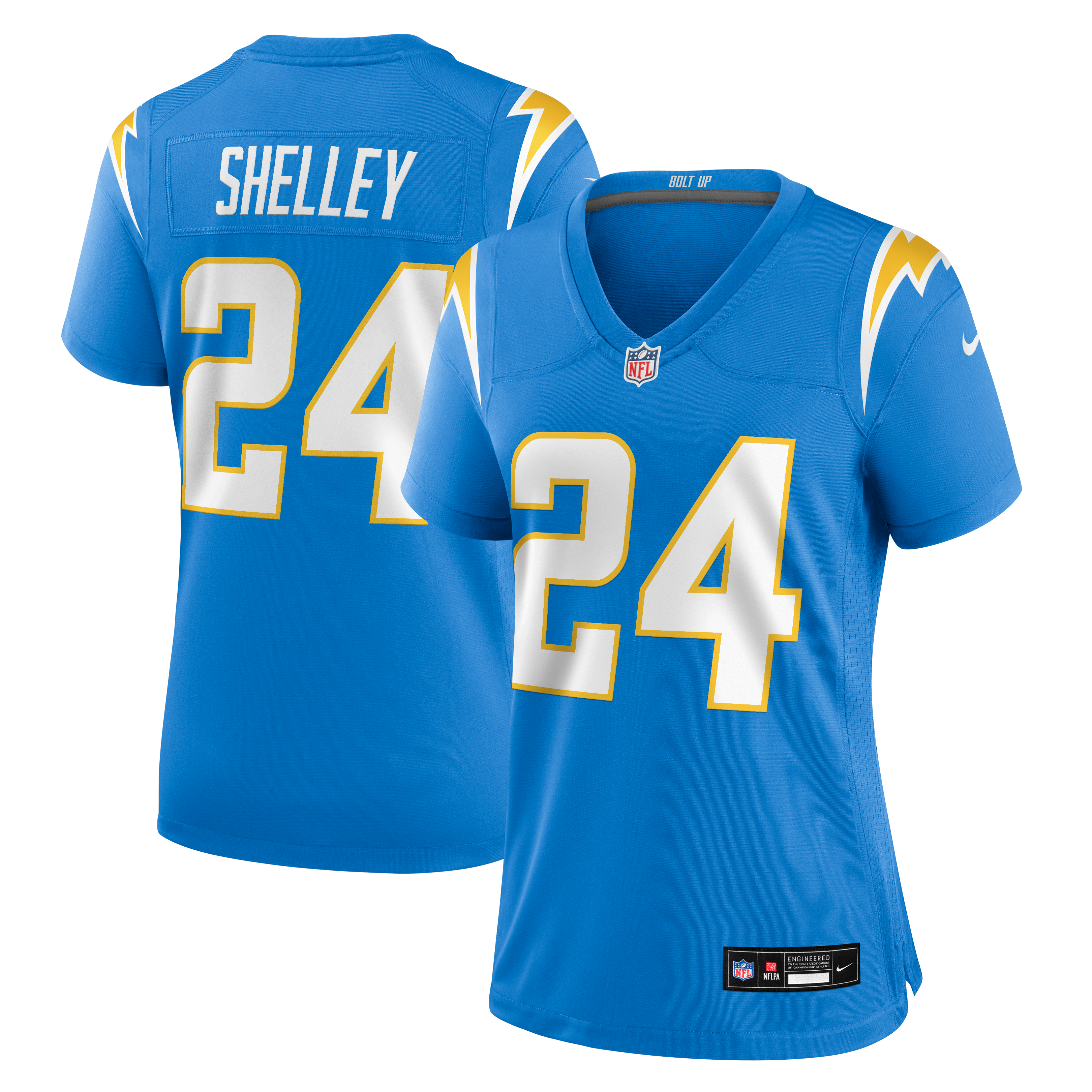 Maillot de match Nike Rodney Shelley bleu poudré pour femme, Los Angeles Chargers