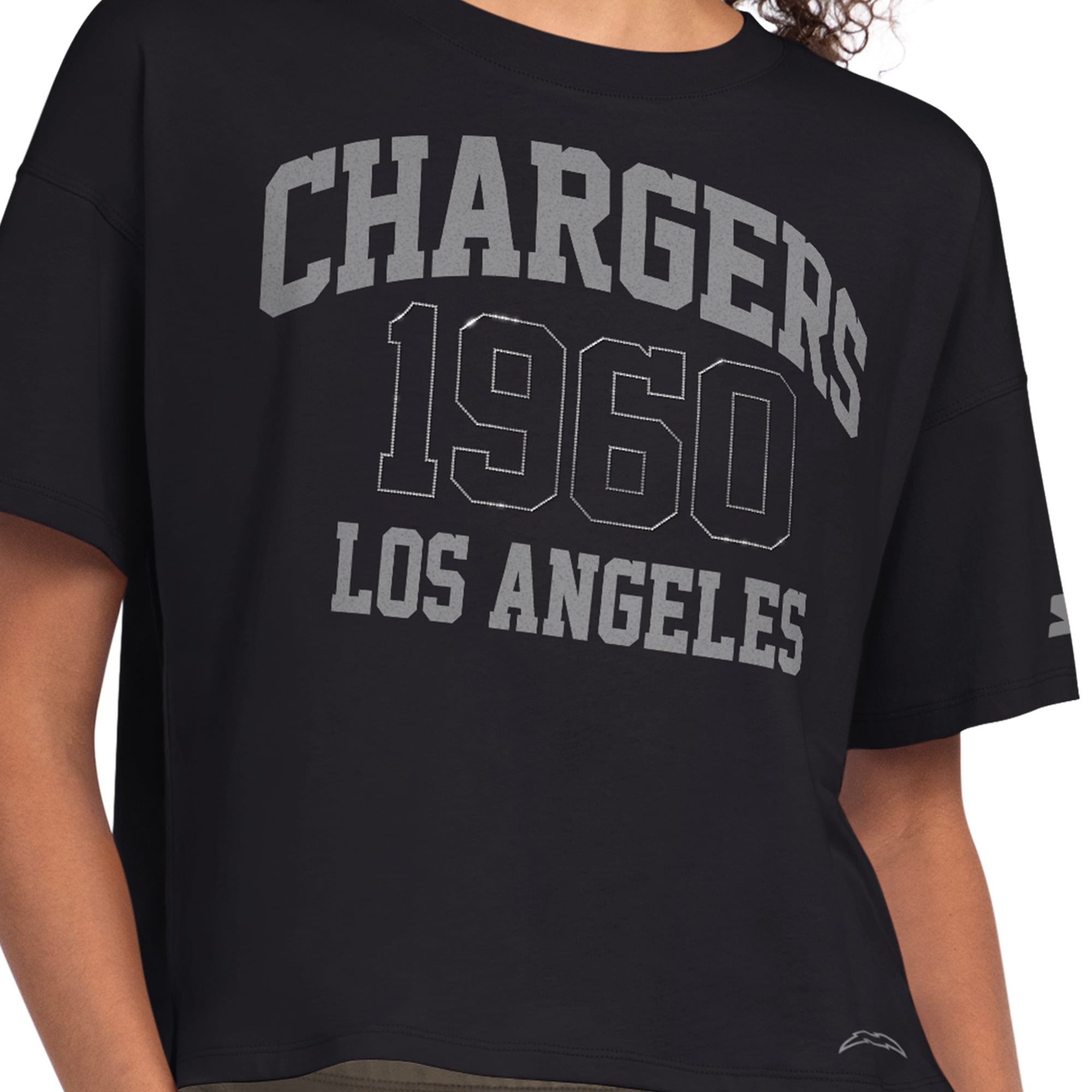 Women's Starter  Black Los Angeles Chargers Rhinestone Boxy Cropped T-Shirt