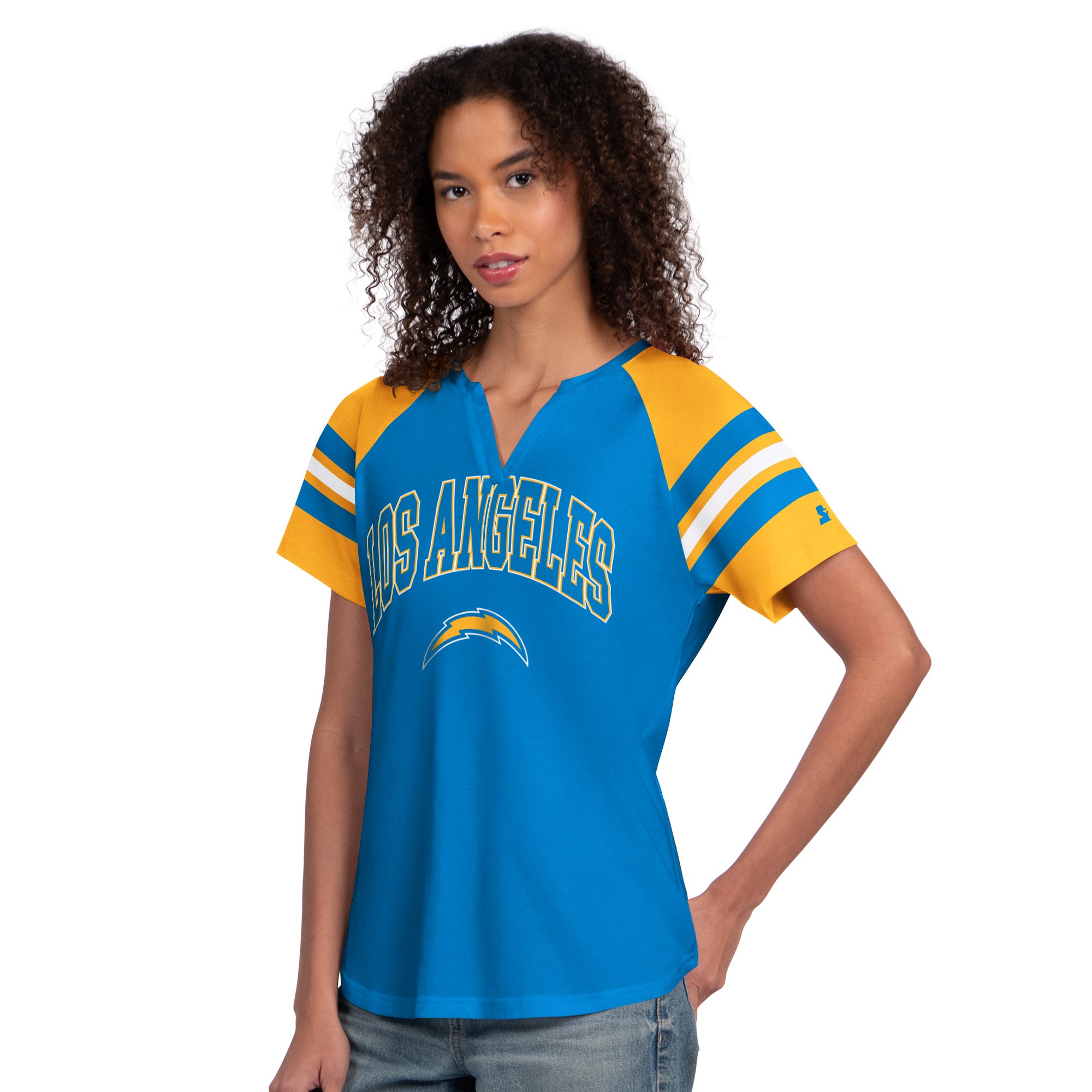 T-shirt raglan à col cranté Starter Powder Blue pour femme, Los Angeles Chargers.