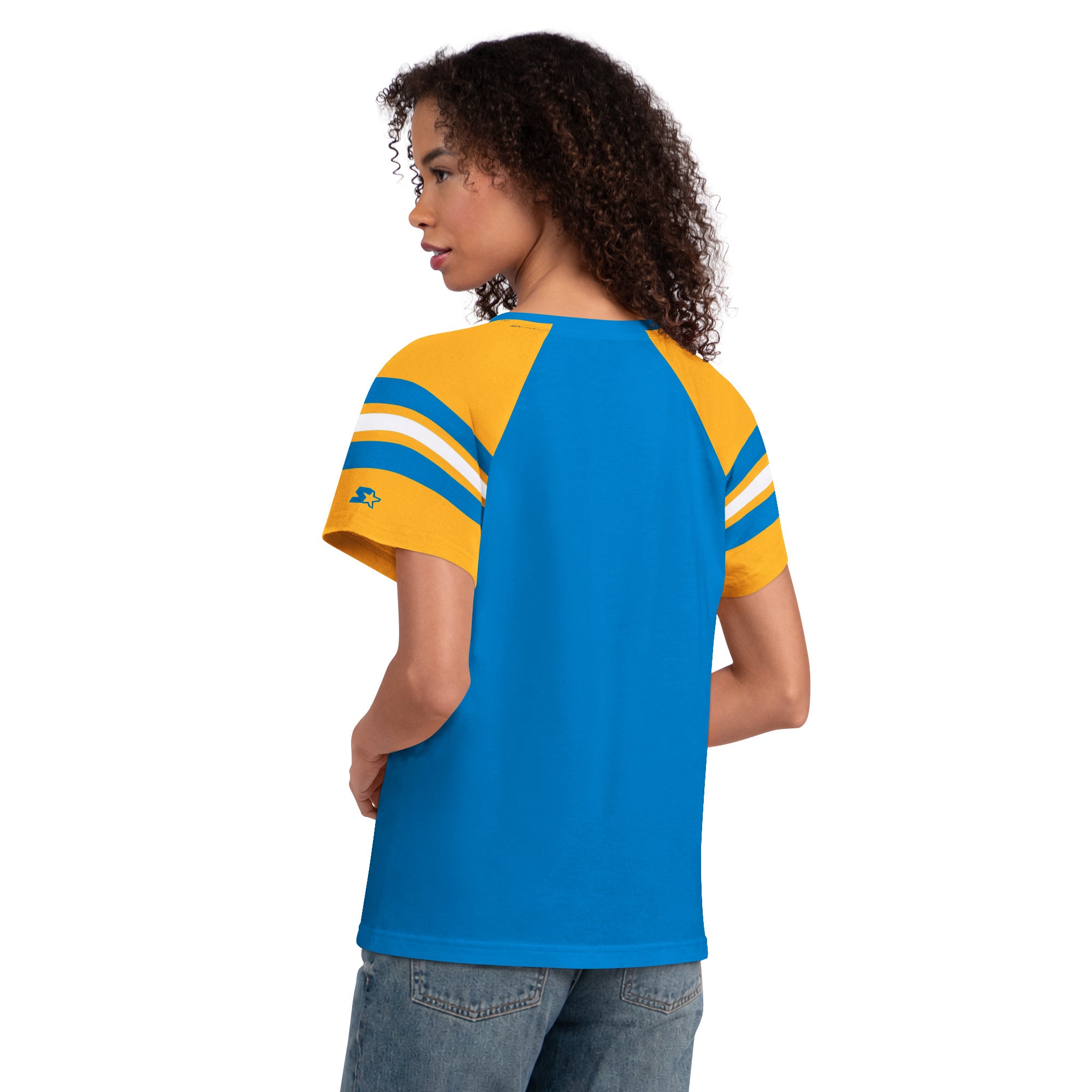 T-shirt raglan à col cranté Starter Powder Blue pour femme, Los Angeles Chargers.