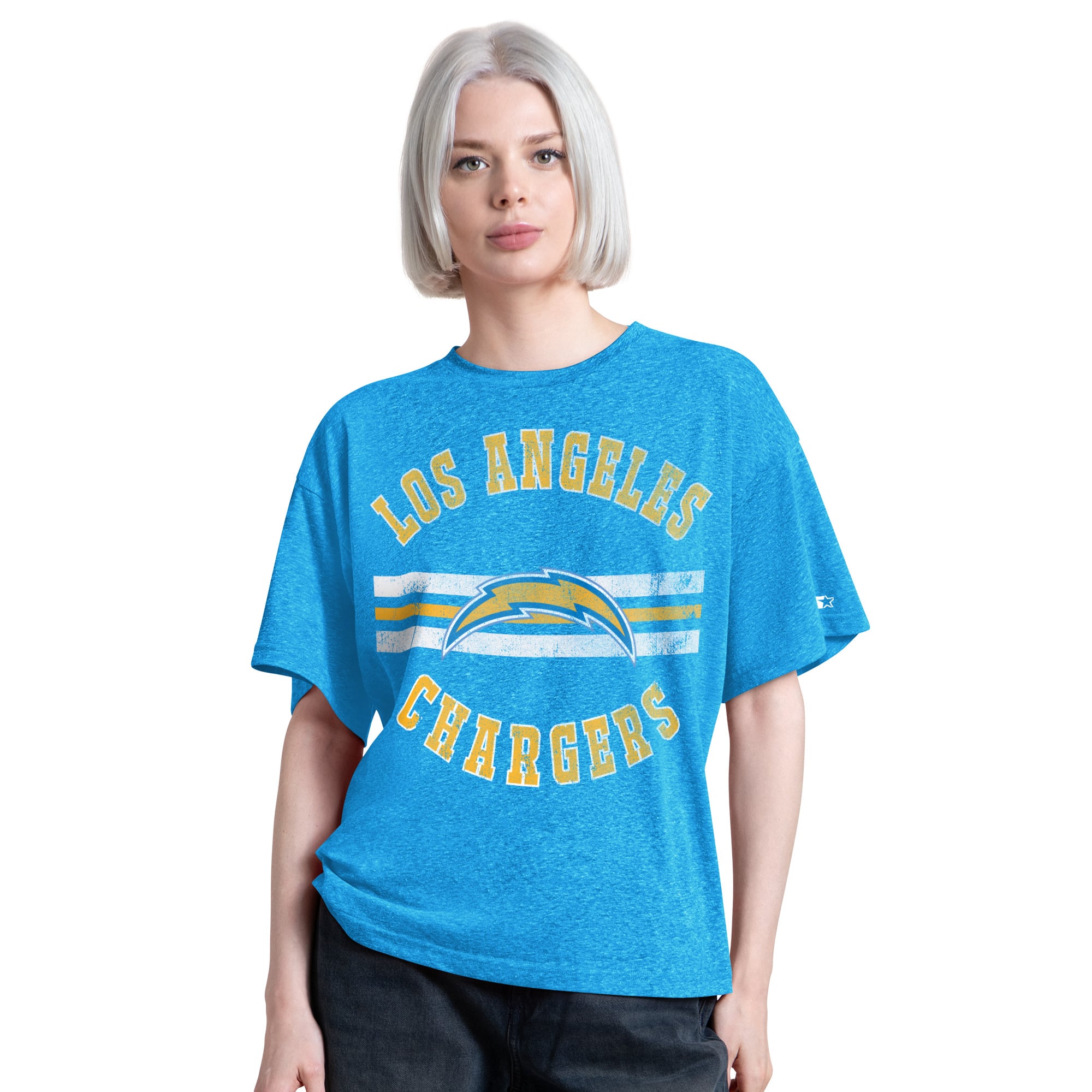 T-shirt Starter pour femme, bleu poudre, Los Angeles Chargers, Jump Shot Boyfriend, mélange de trois matières