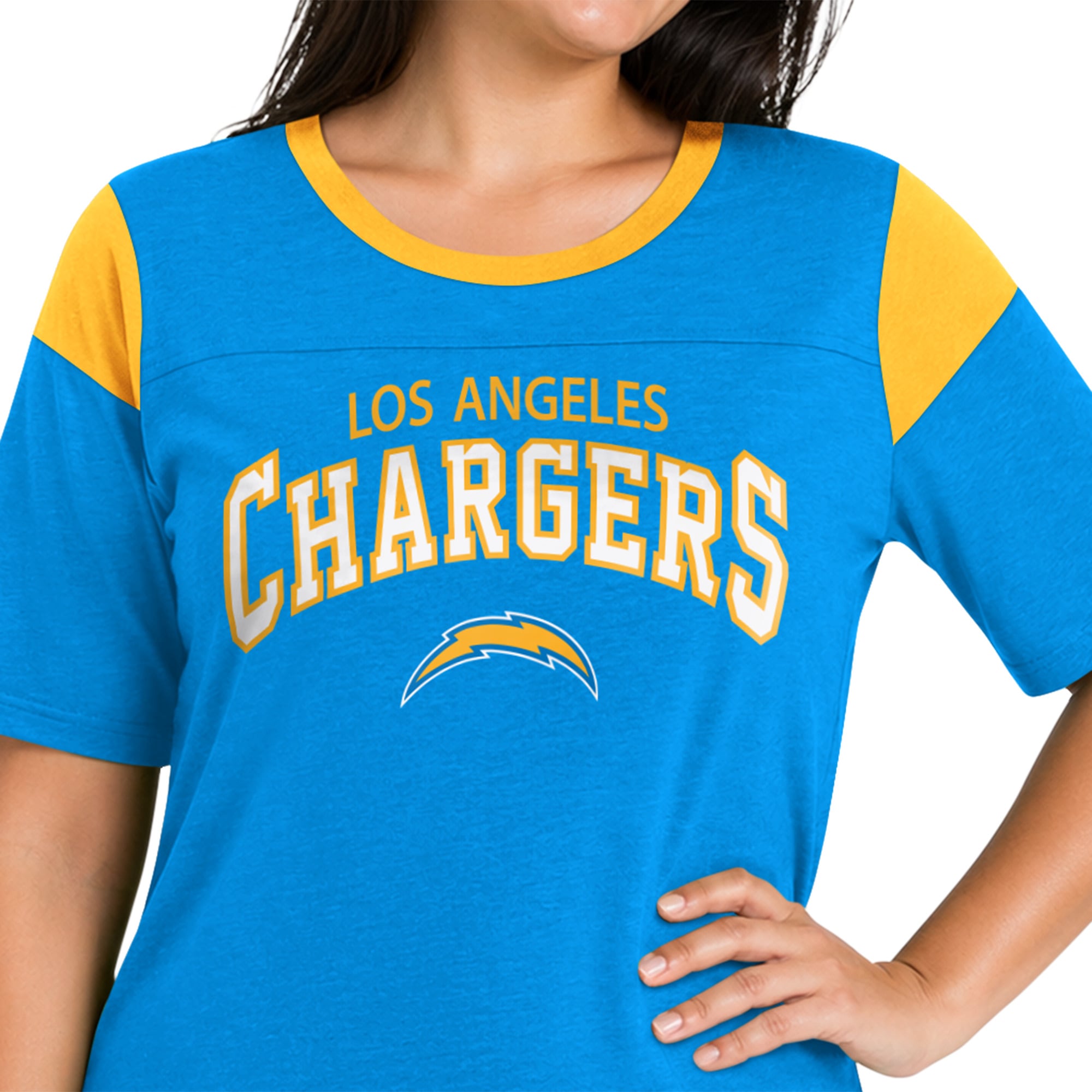 T-shirt à manches longues pour femme, bleu poudre, Los Angeles Chargers, grande taille, style linebacker, modèle Starter.