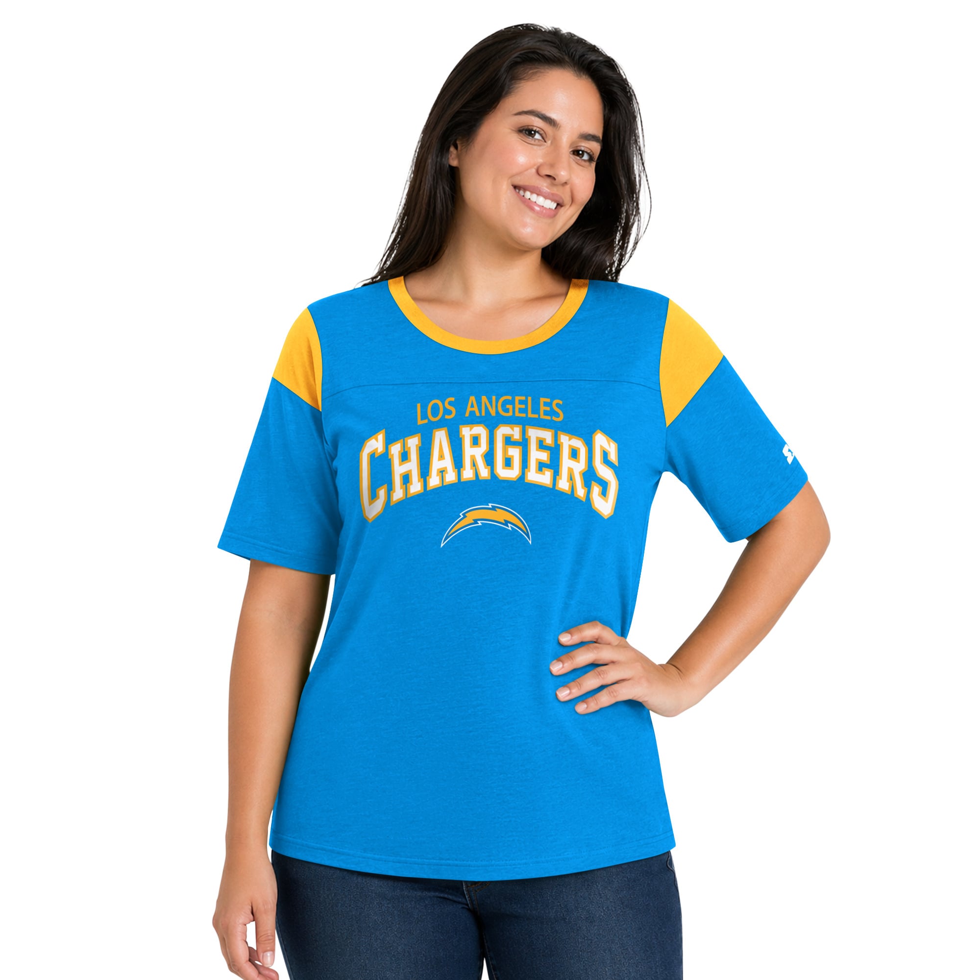 T-shirt à manches longues pour femme, bleu poudre, Los Angeles Chargers, grande taille, style linebacker, modèle Starter.