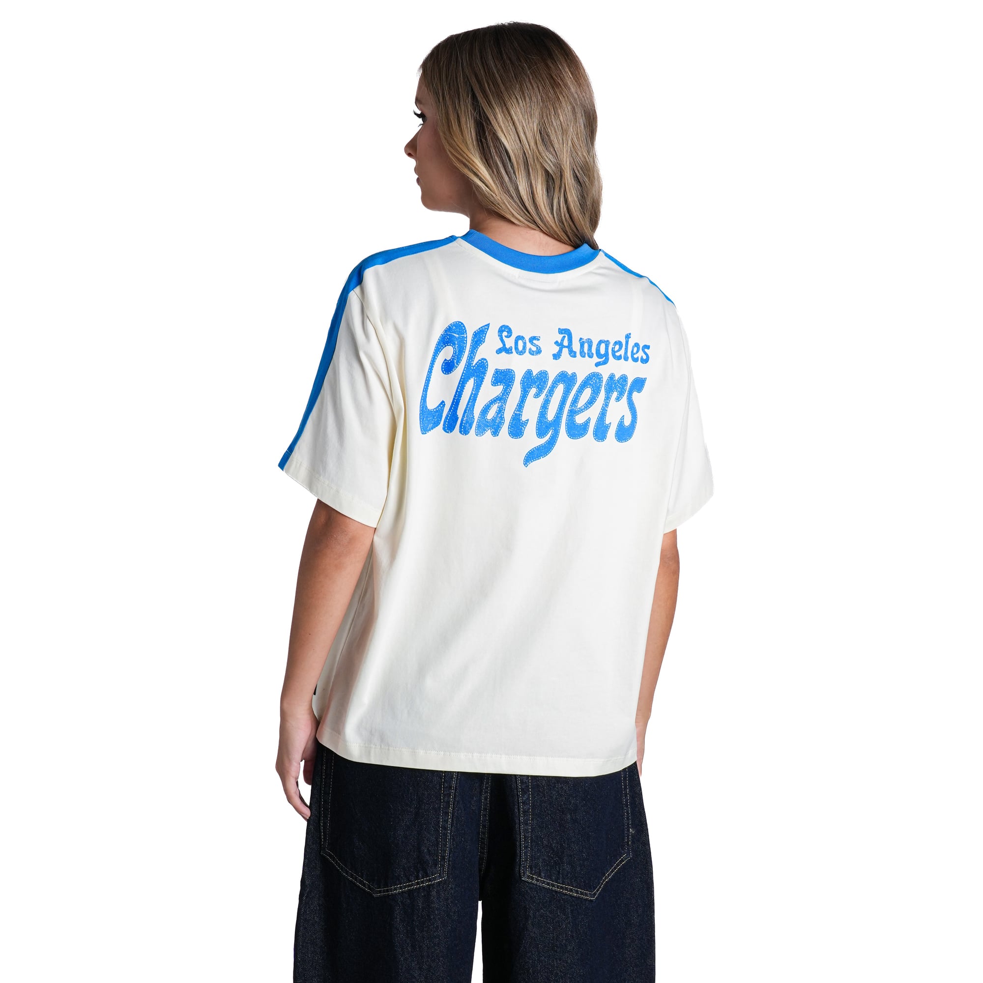 T-shirt à rayures et épaules tombantes crème The Wild Collective pour femmes, Los Angeles Chargers