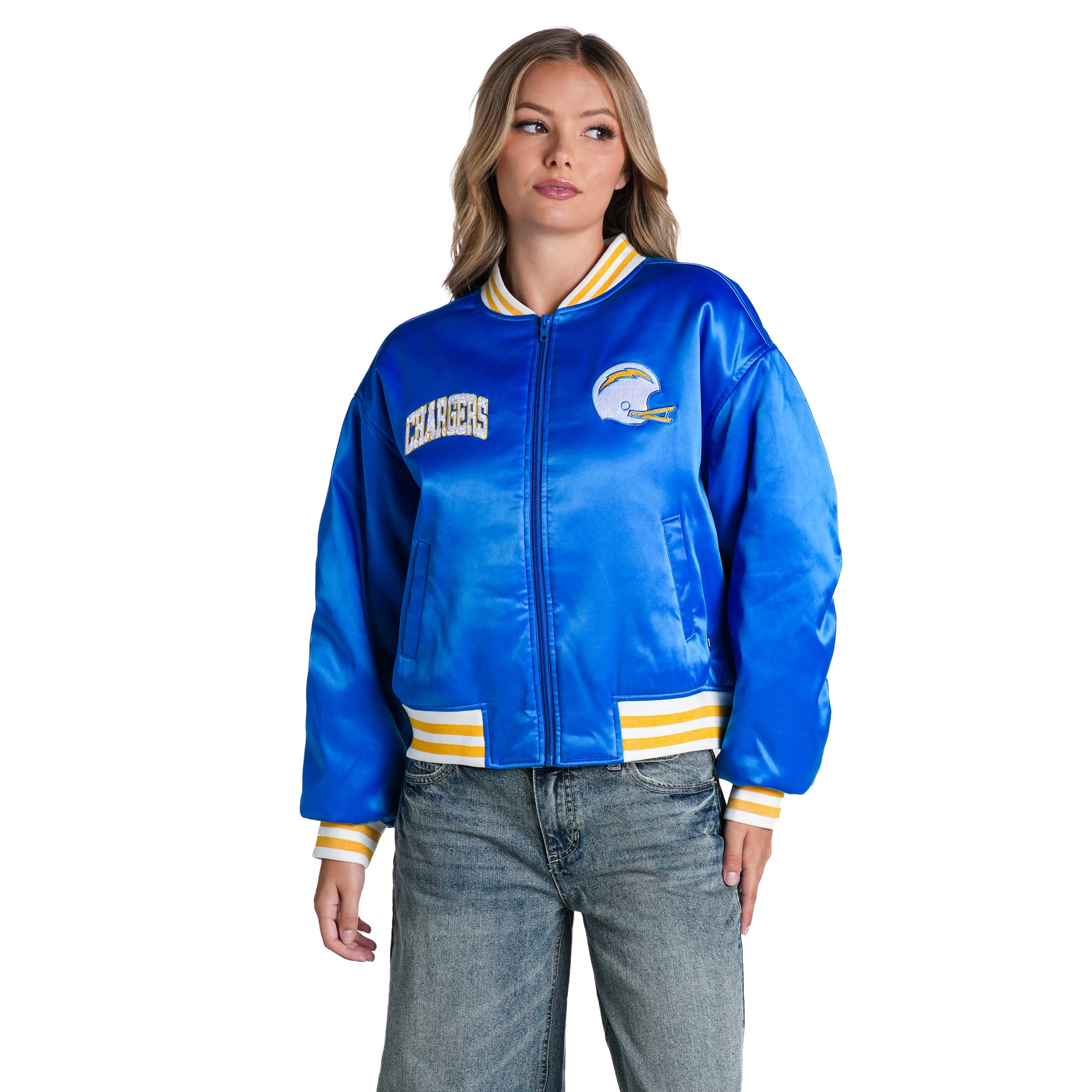 Veste bomber zippée en satin royal The Wild Collective pour femme, Los Angeles Chargers