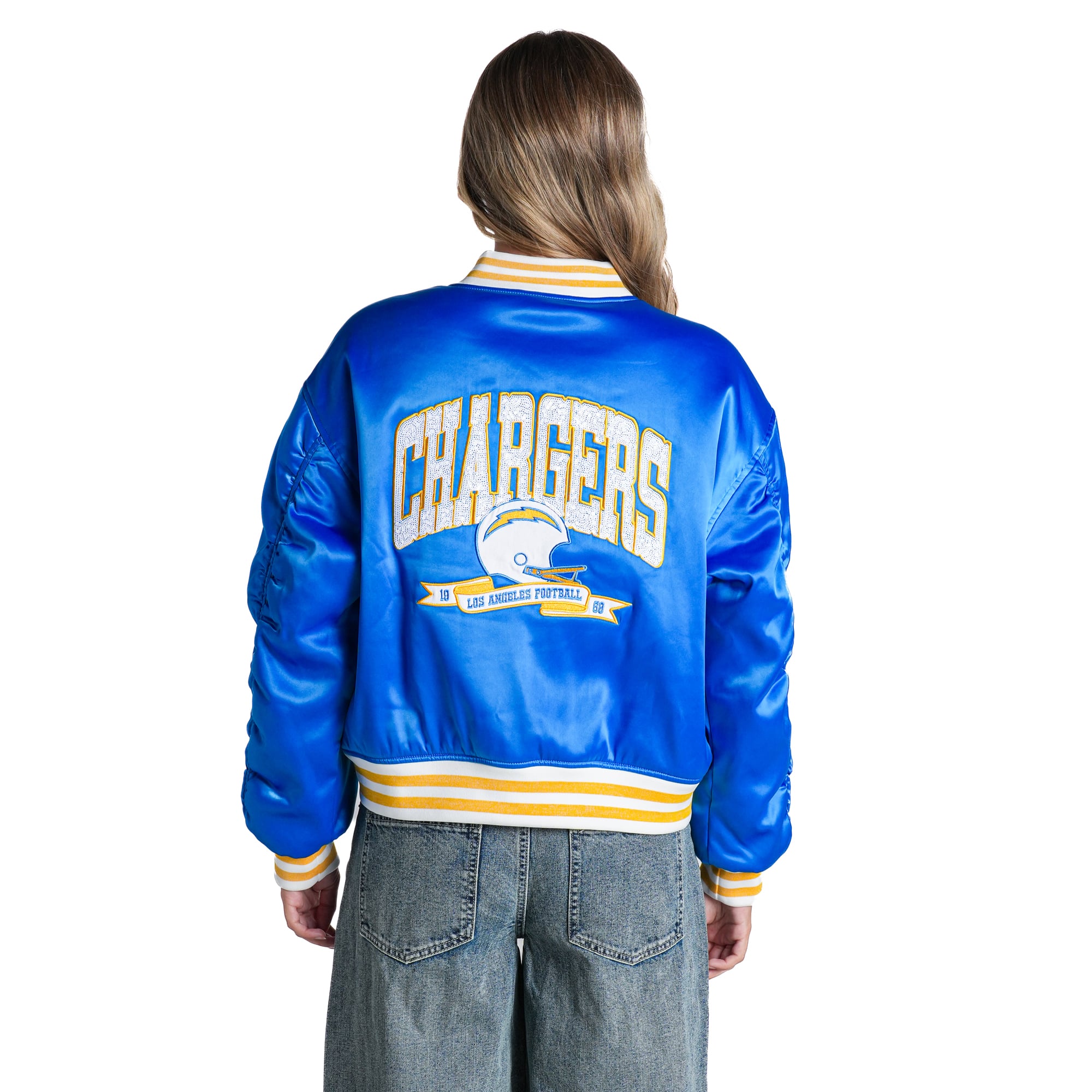 Veste bomber zippée en satin royal The Wild Collective pour femme, Los Angeles Chargers