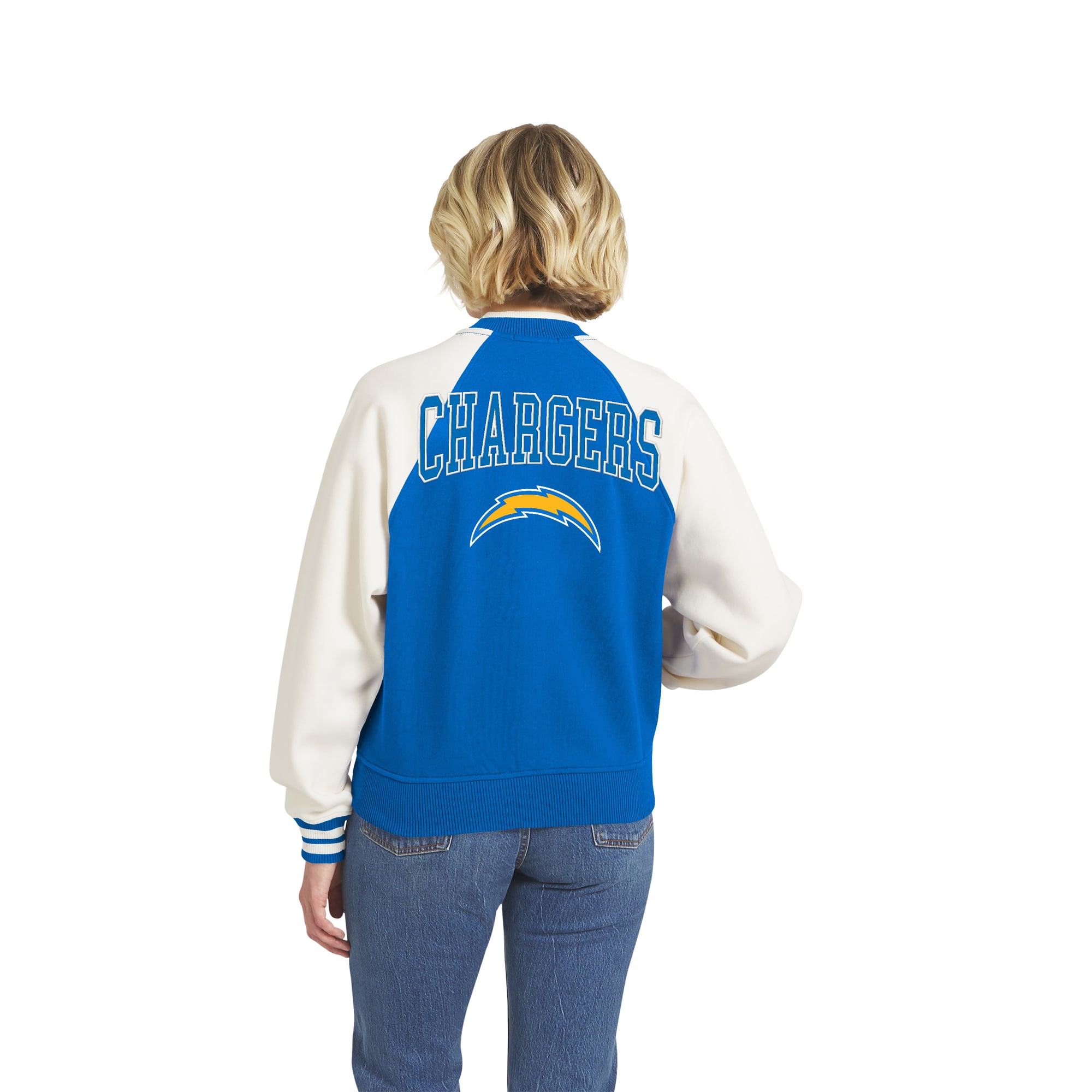 Women's WEAR by Erin Andrews Powder Blue Los Angeles Chargers Full-Zip Fleece Varsity Jacket