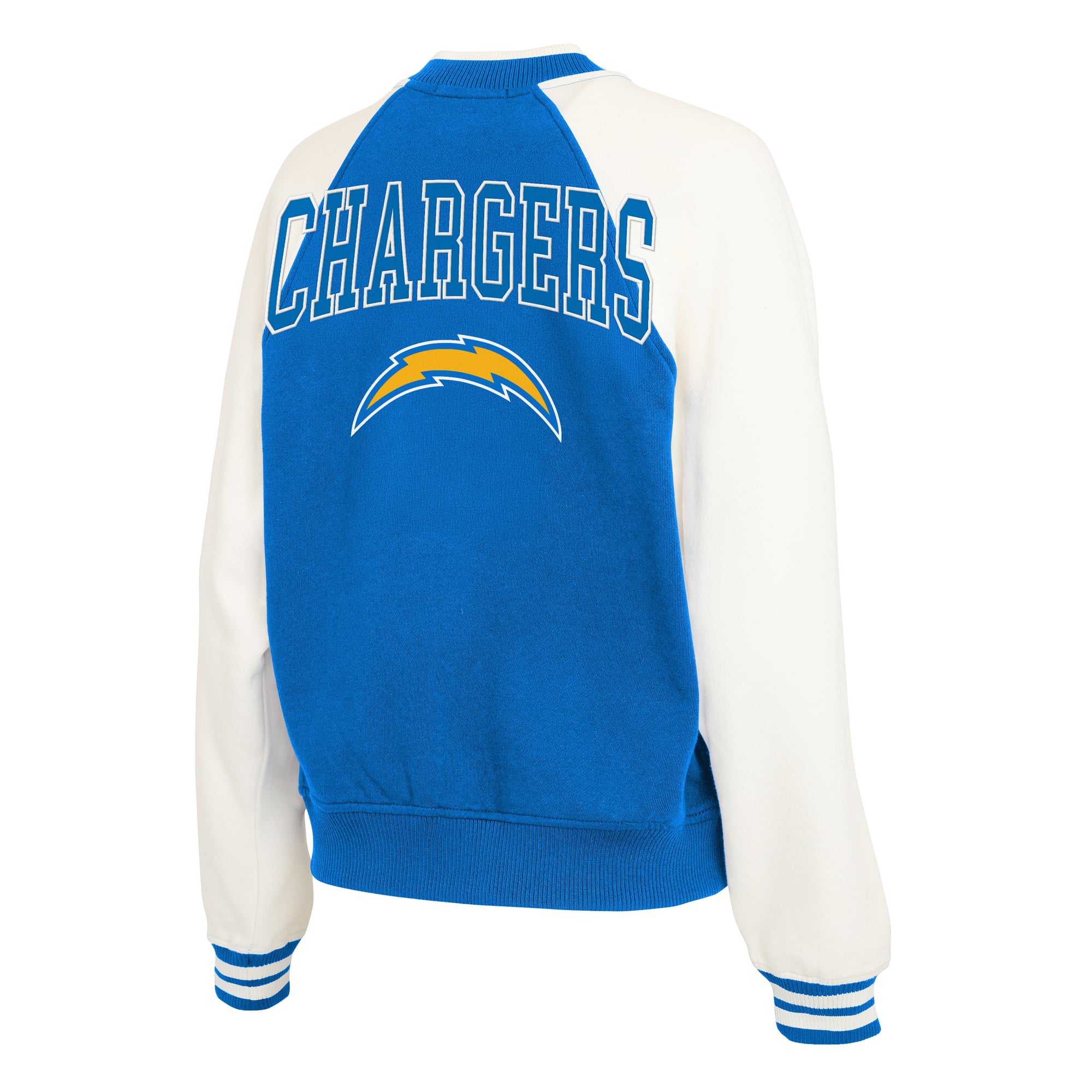 Women's WEAR by Erin Andrews Powder Blue Los Angeles Chargers Full-Zip Fleece Varsity Jacket