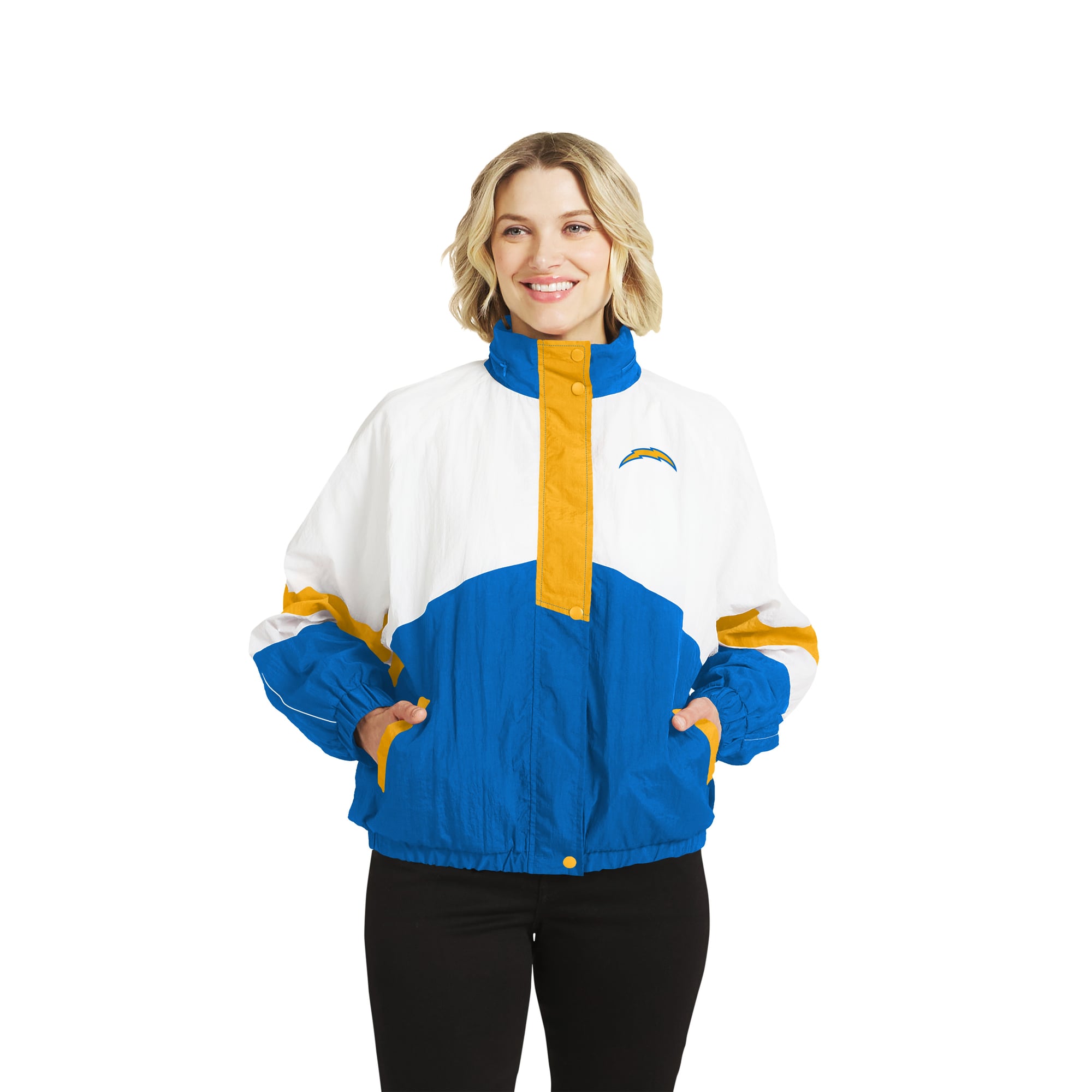 Women's WEAR by Erin Andrews  White/Powder Blue Los Angeles Chargers Crinkle Full-Snap Hooded Windbreaker Jacket