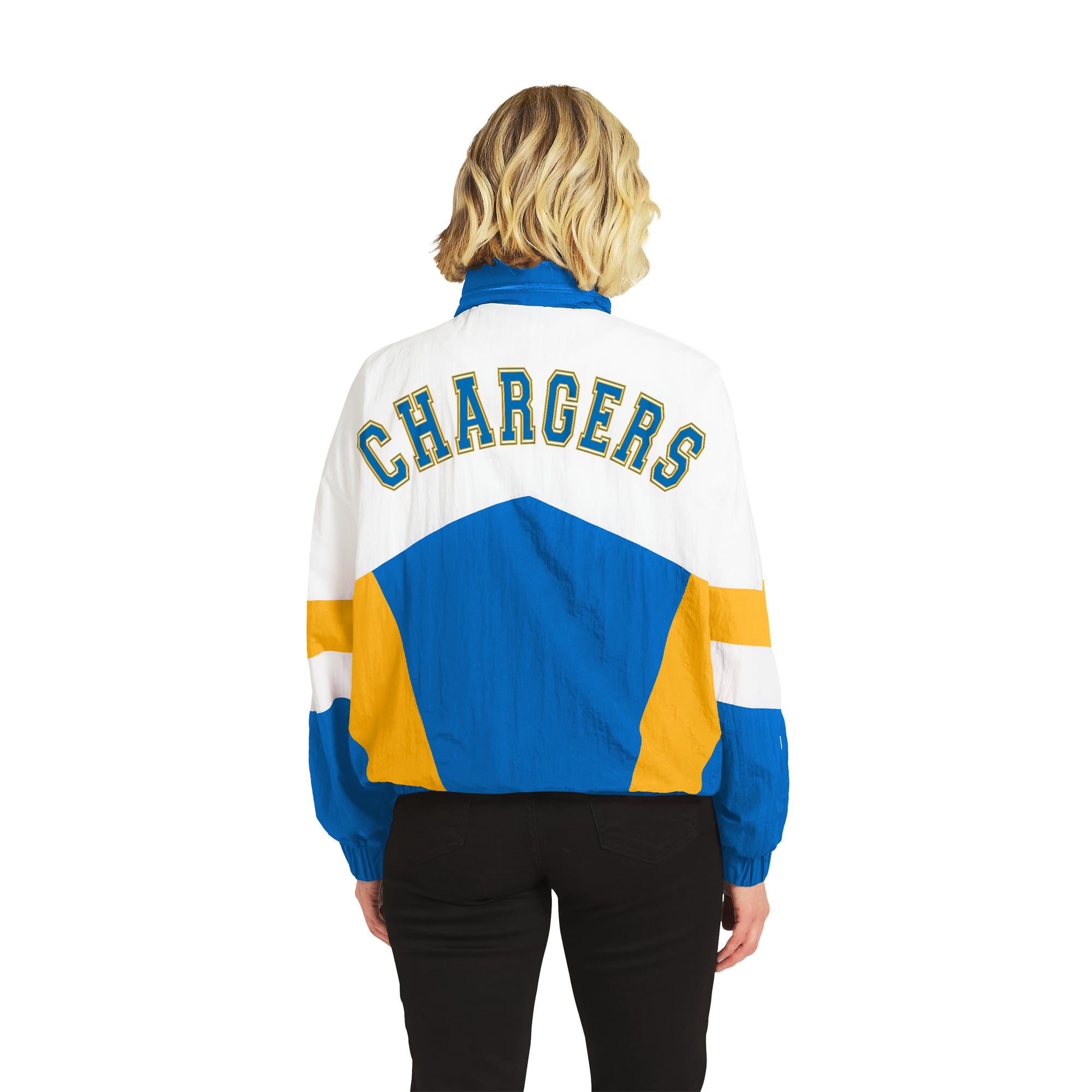 Women's WEAR by Erin Andrews  White/Powder Blue Los Angeles Chargers Crinkle Full-Snap Hooded Windbreaker Jacket