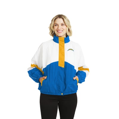  Los Angeles Chargers WEAR by Erin Andrews Women's Crinkle Full-Snap Hooded Windbreaker Jacket - White/Powder Blue