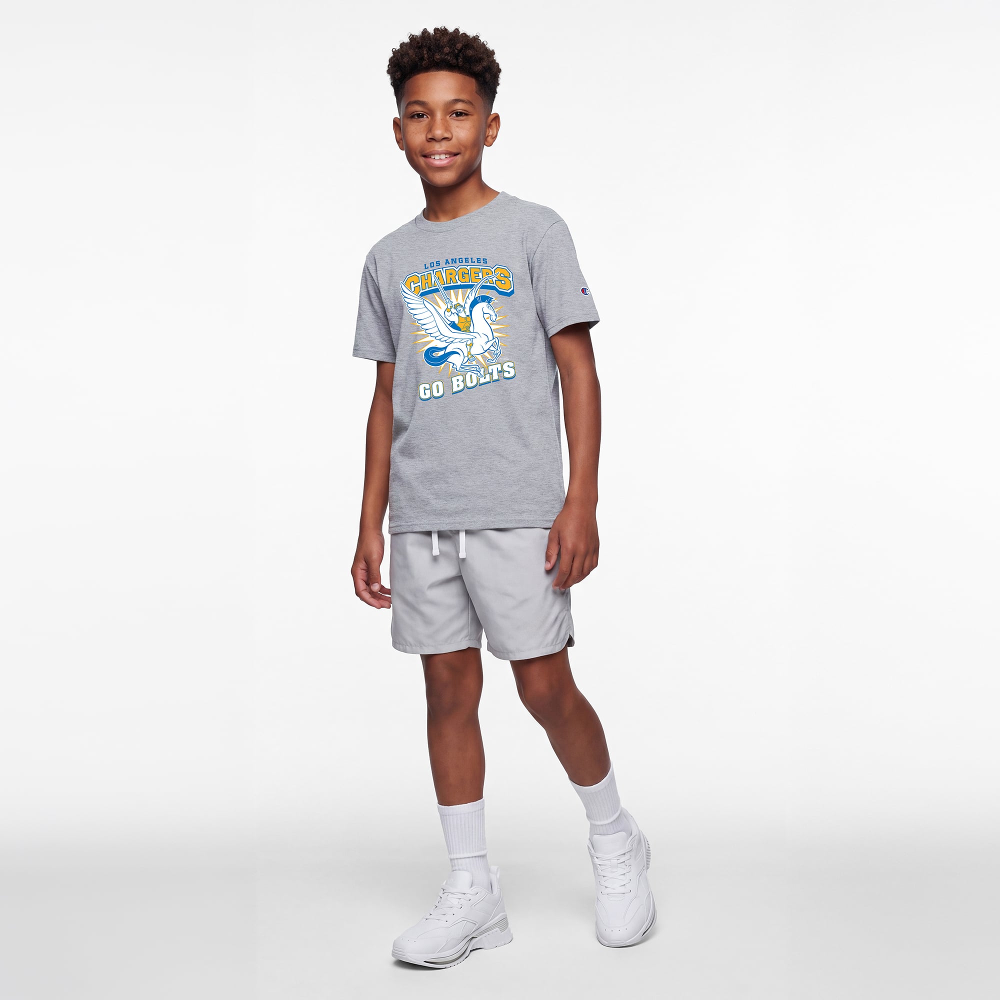 Youth Disney x Champion Heather Gray Los Angeles Chargers Hercules & Pegasus T-Shirt